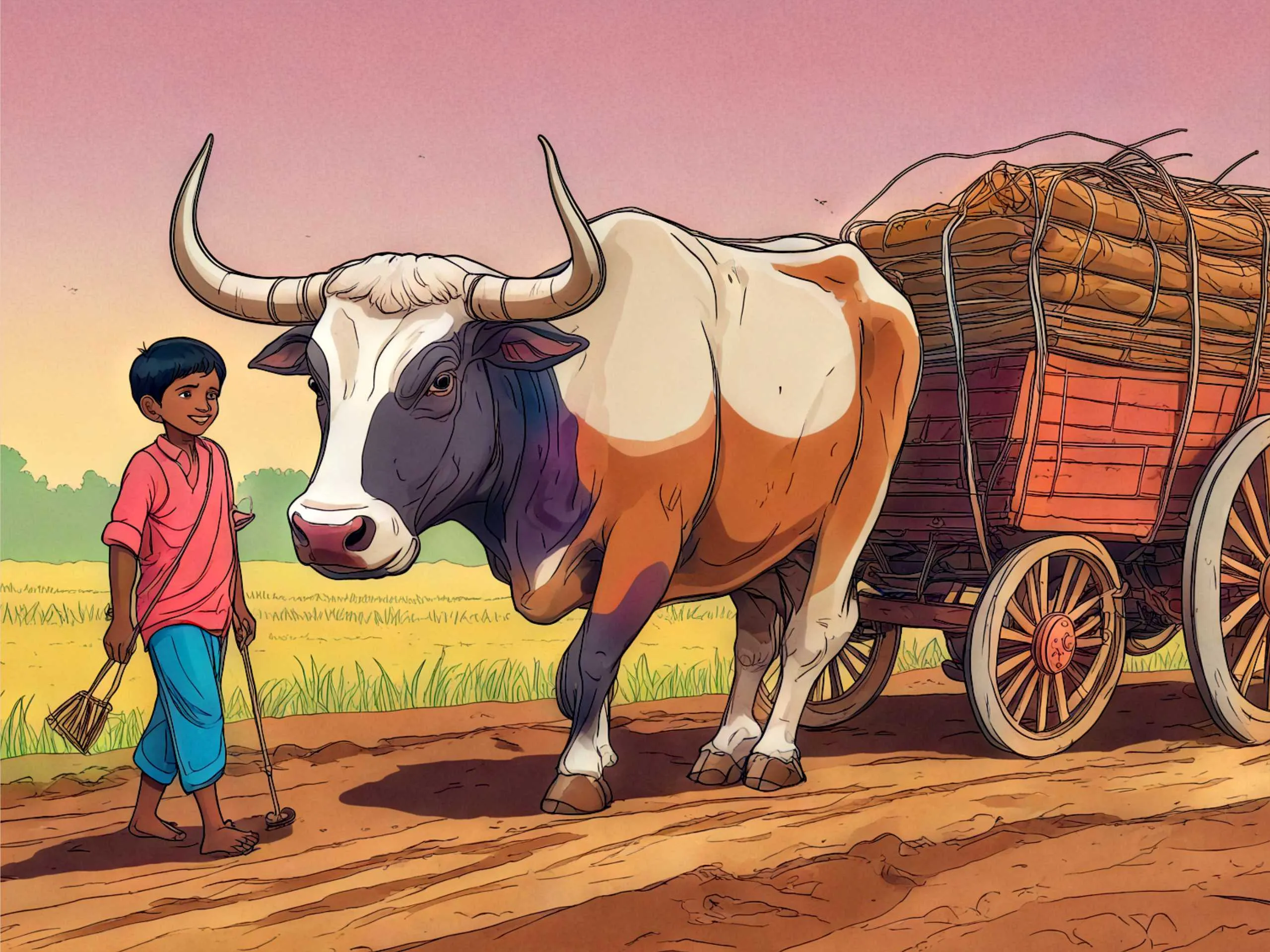 cartoon image of a kid and bull cart