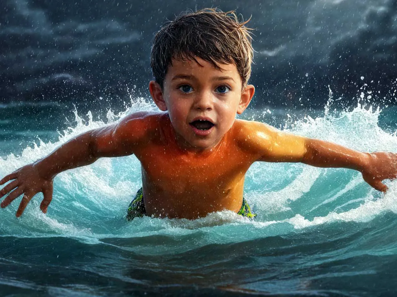 cartoon image of a kid in stormy sea