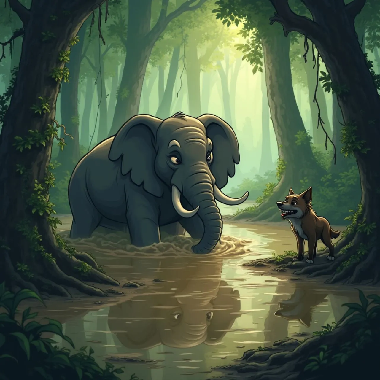 Jungle Story The Clever Wolf and the kind elephant