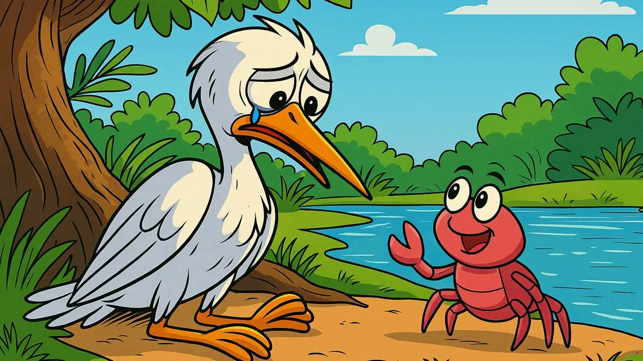 Stupid heron and clever crab story of a forest