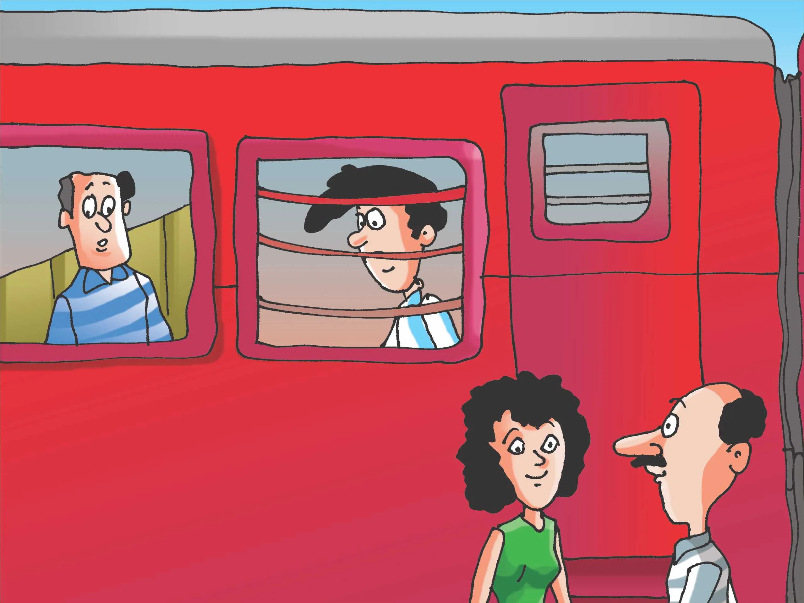 cartoon image of a man and women on train