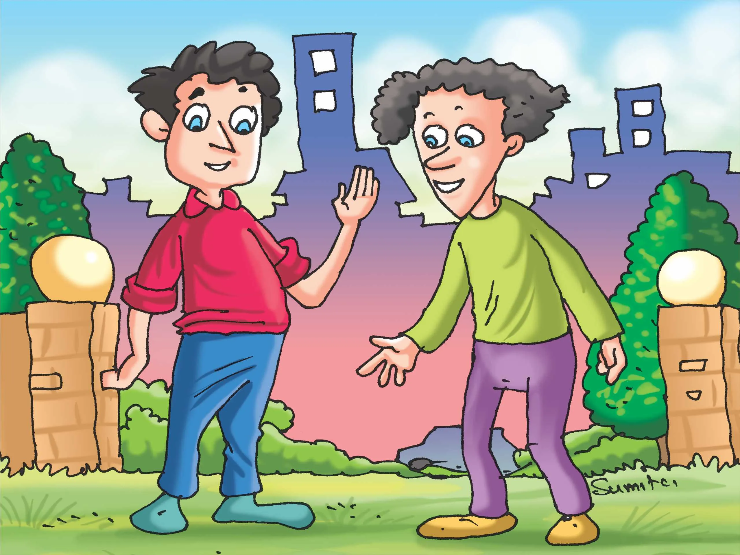 Two friends talking cartoon image