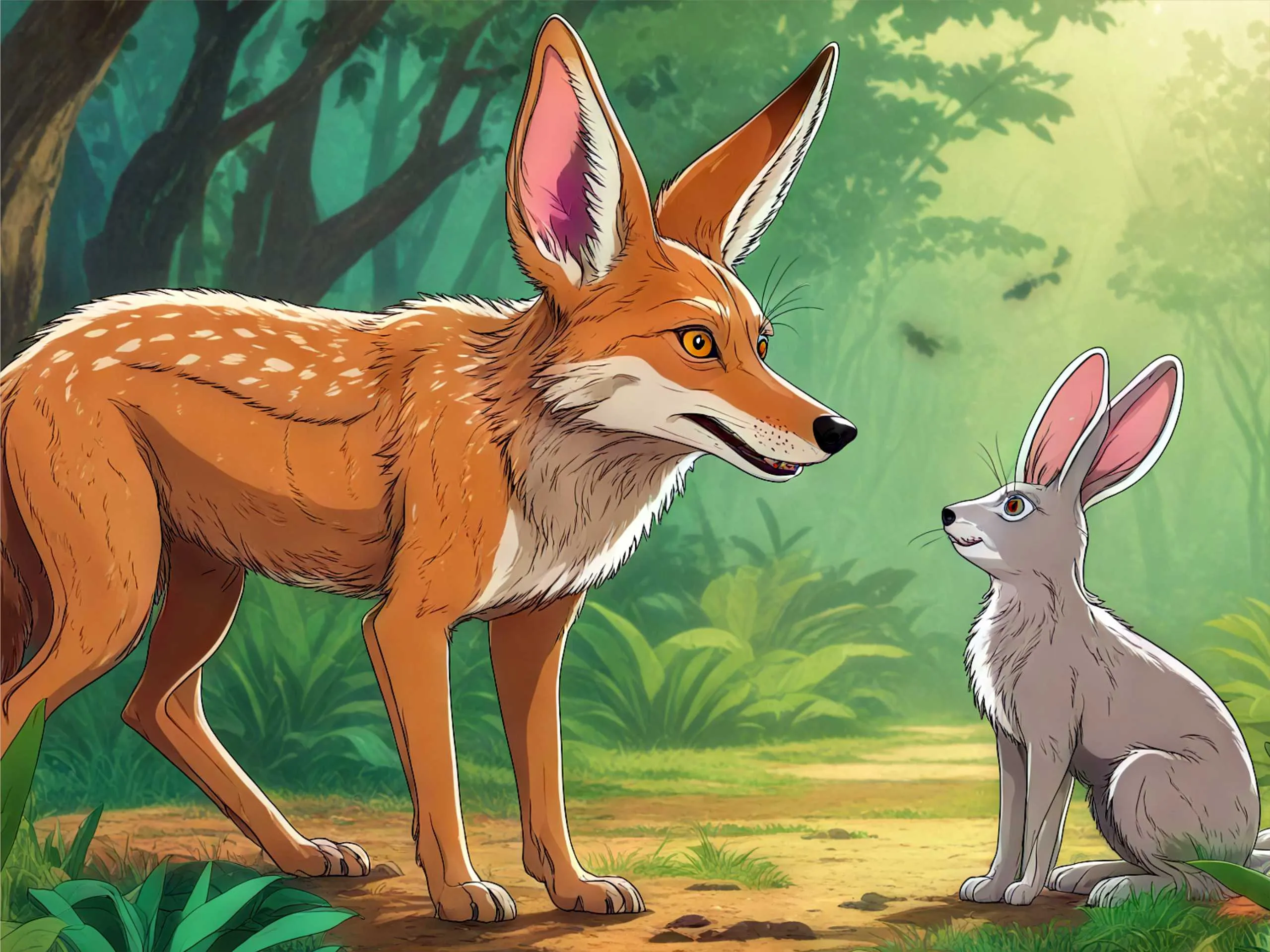 Cartoon image of a jackal and rabbit
