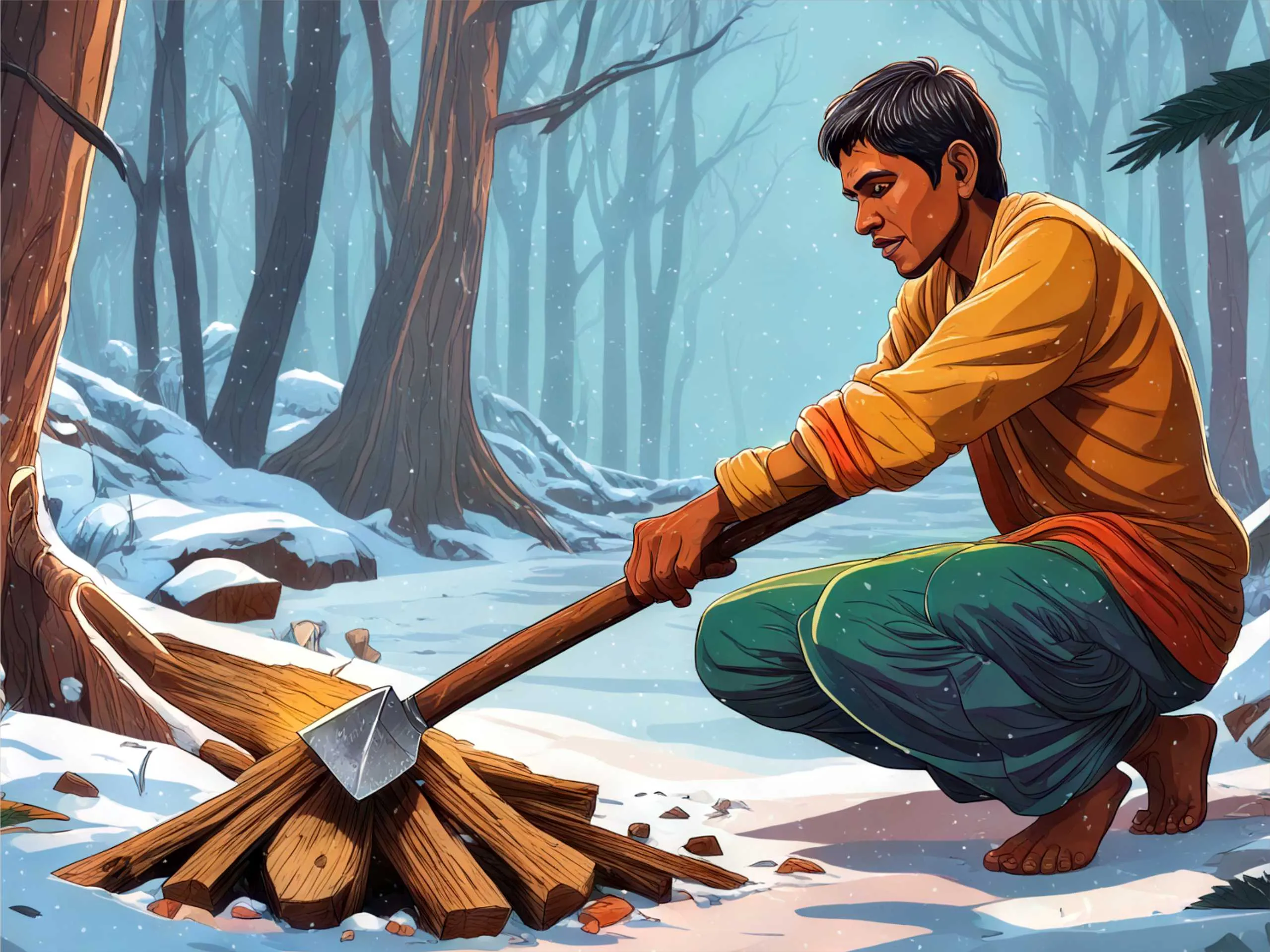 cartoon image of a man cutting woods in winter