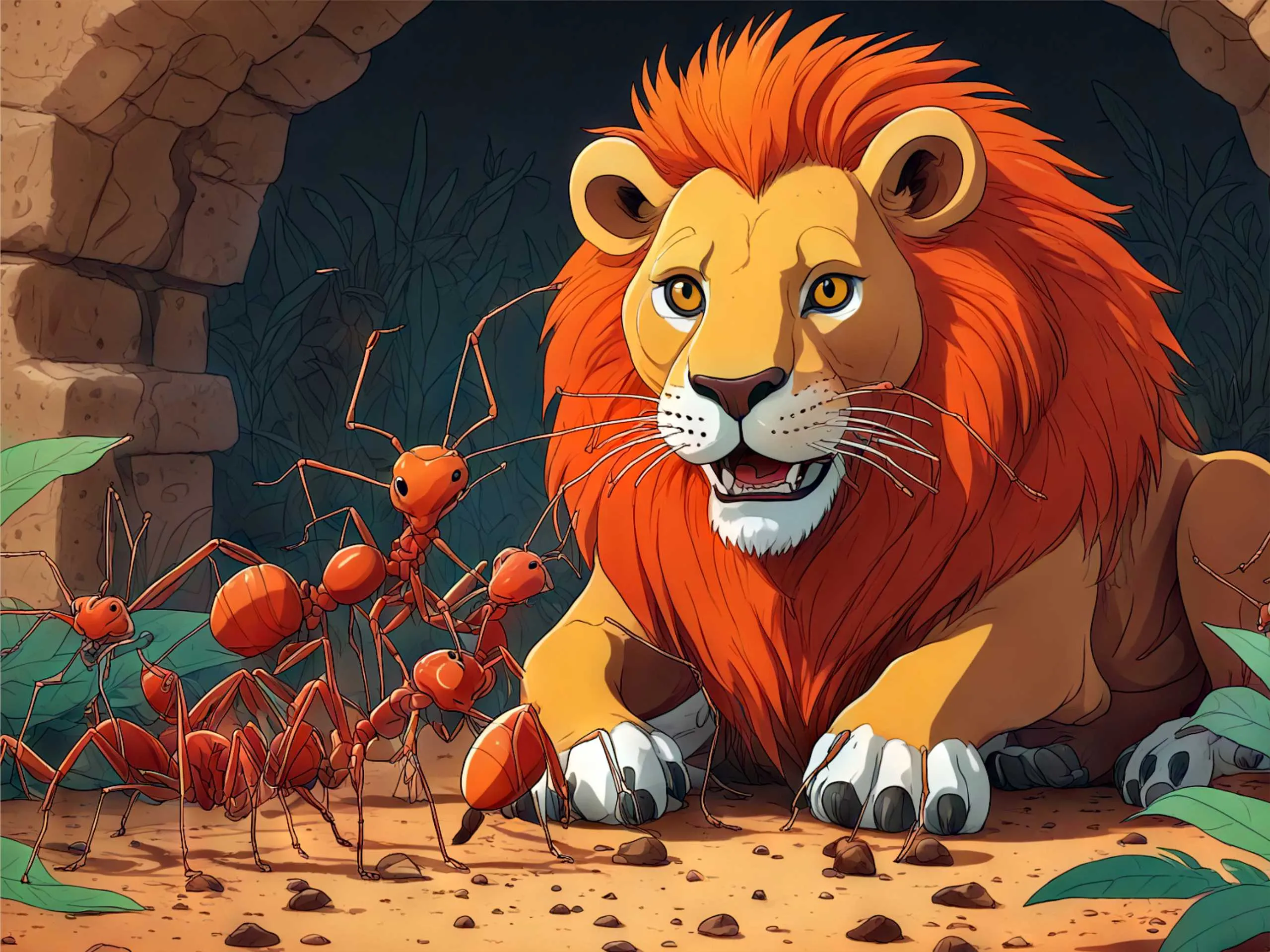 cartoon image of lion and ants