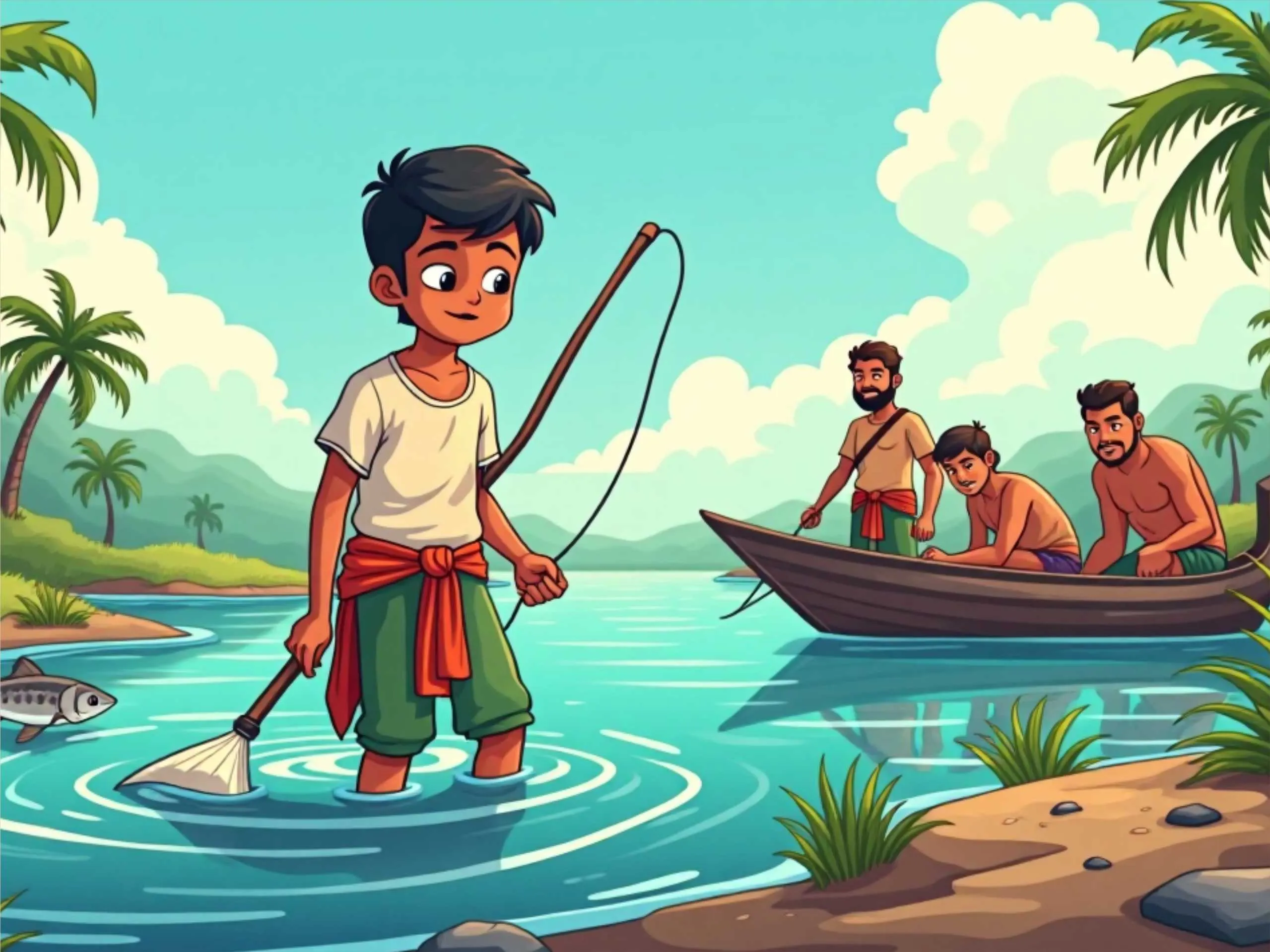 cartoon image of a boy in river