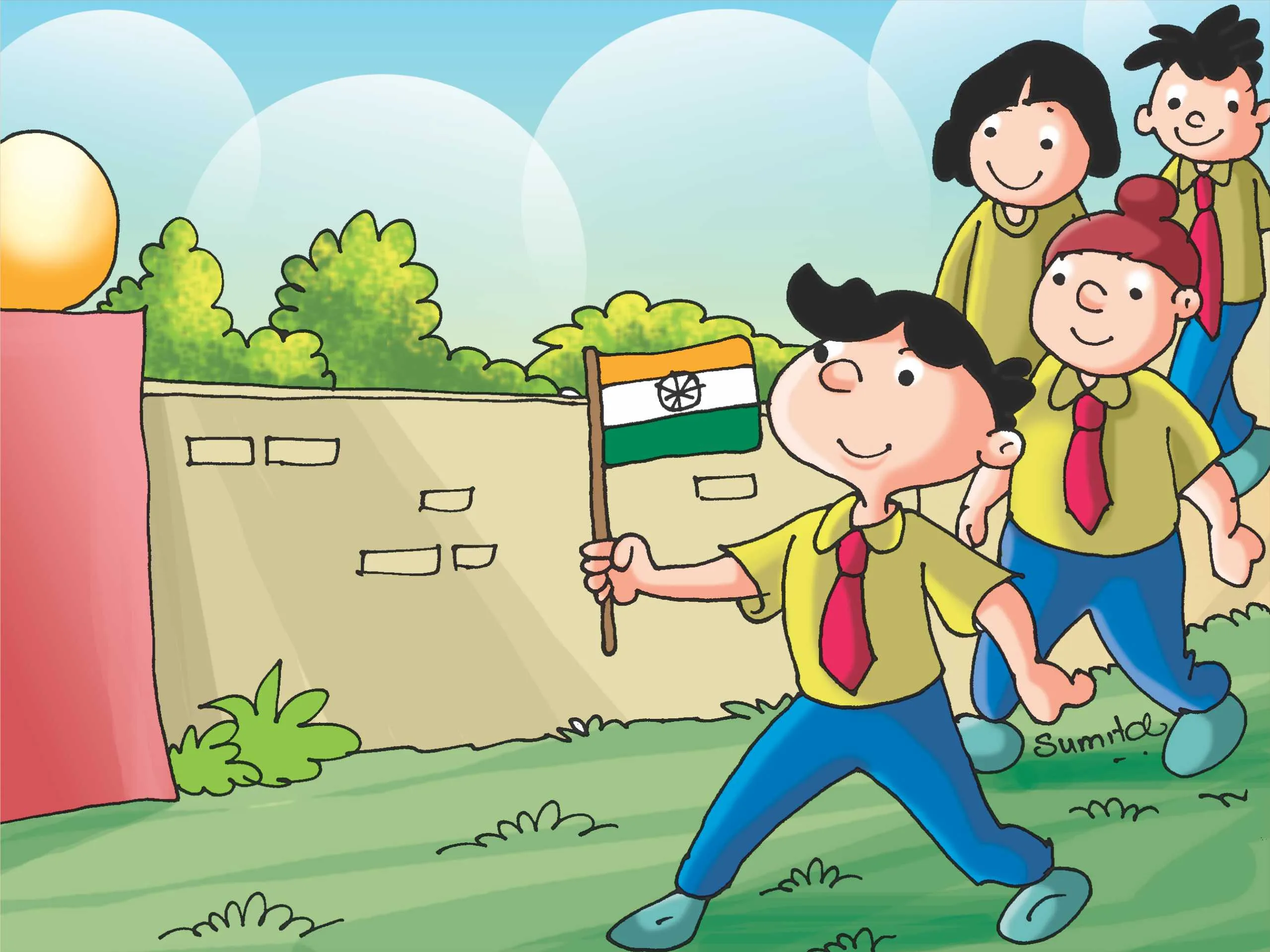 Kids celebrating independence day cartoon image