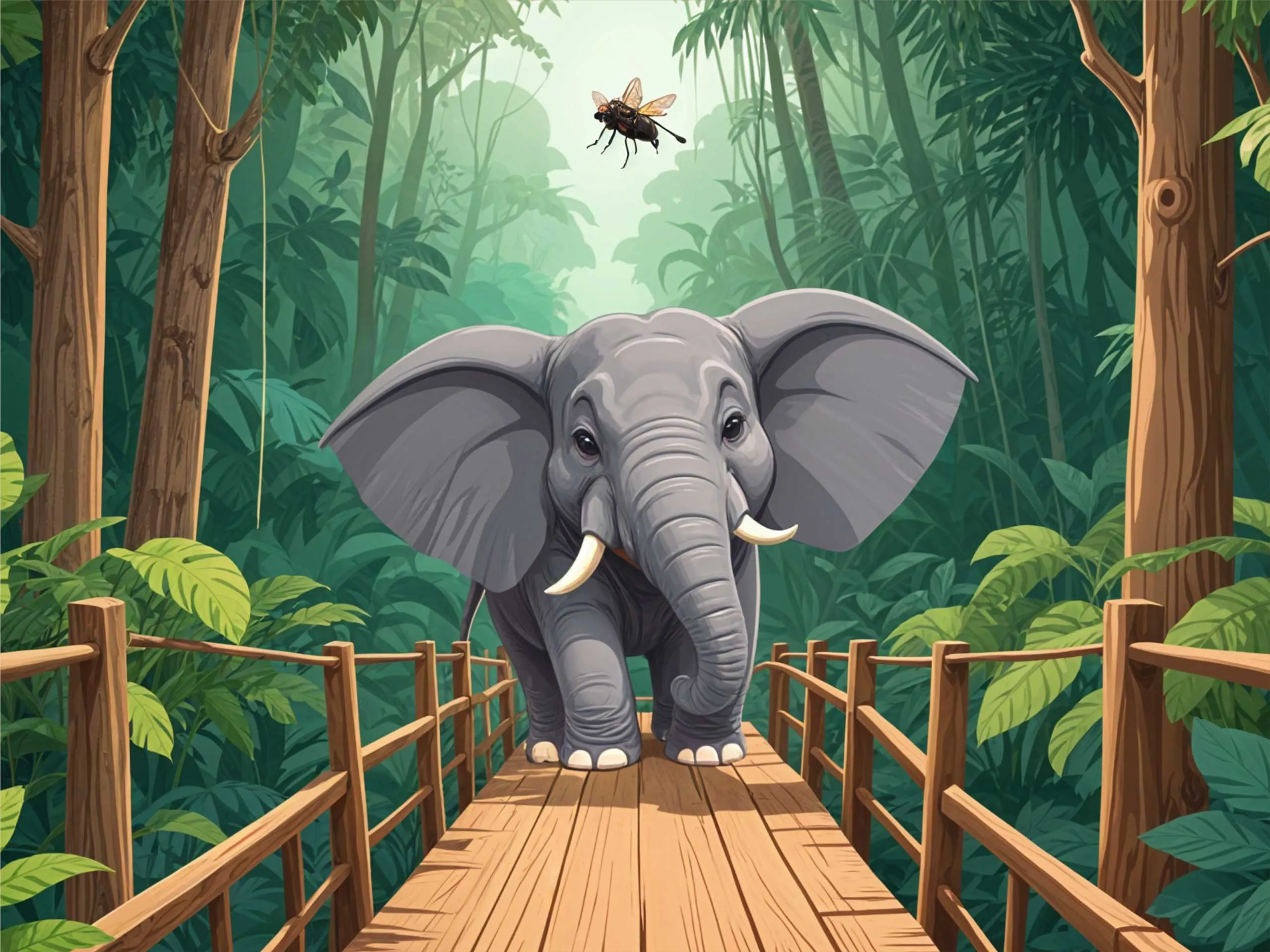 cartoon image of an elephant and fly in jungle
