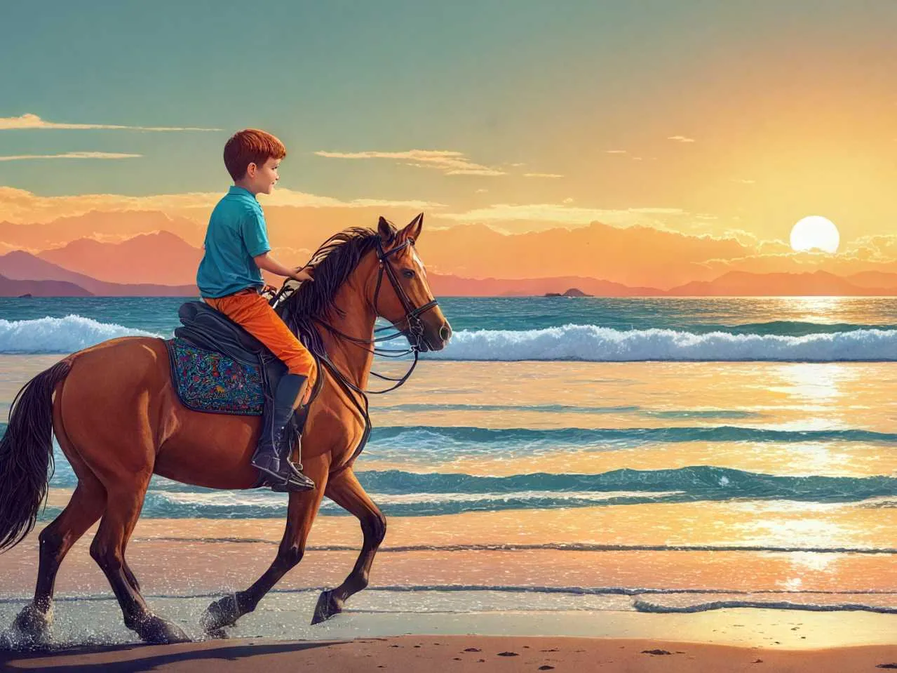 cartoon image of a boy near a sea on a horse