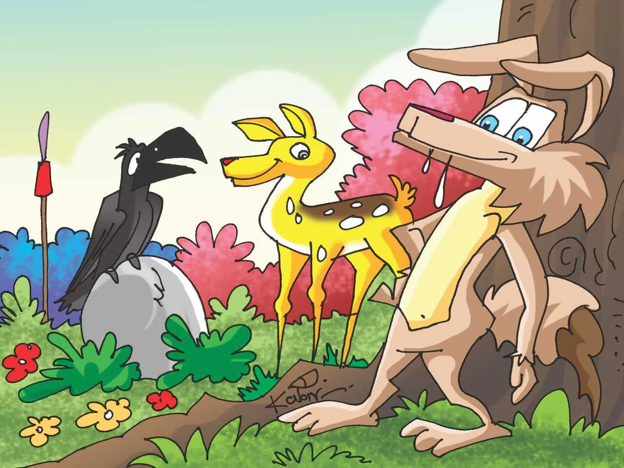 cartoon image of jackal deer and crow