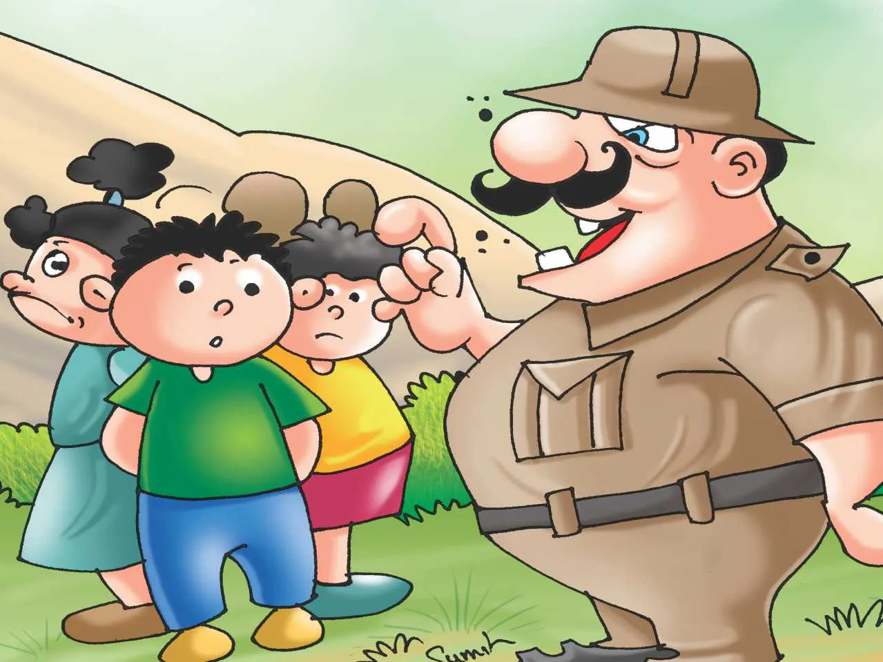 Hunter with kids cartoon image