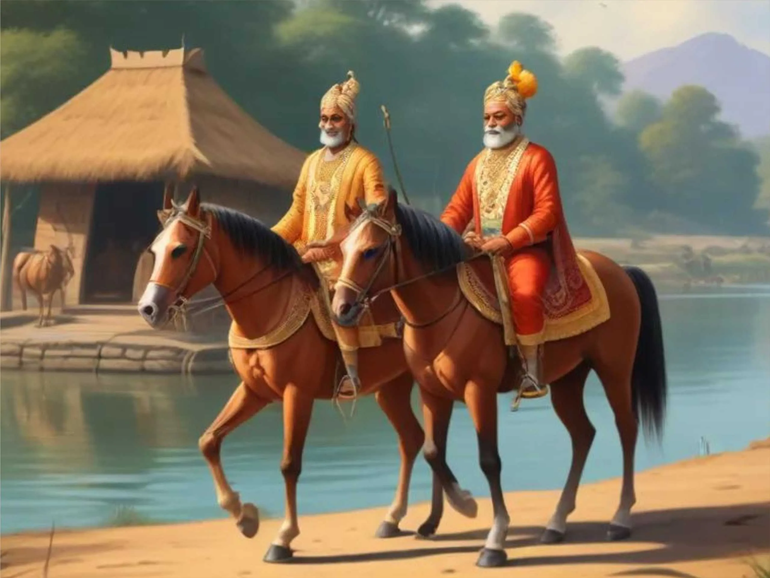 King on his horse along side a river cartoon image