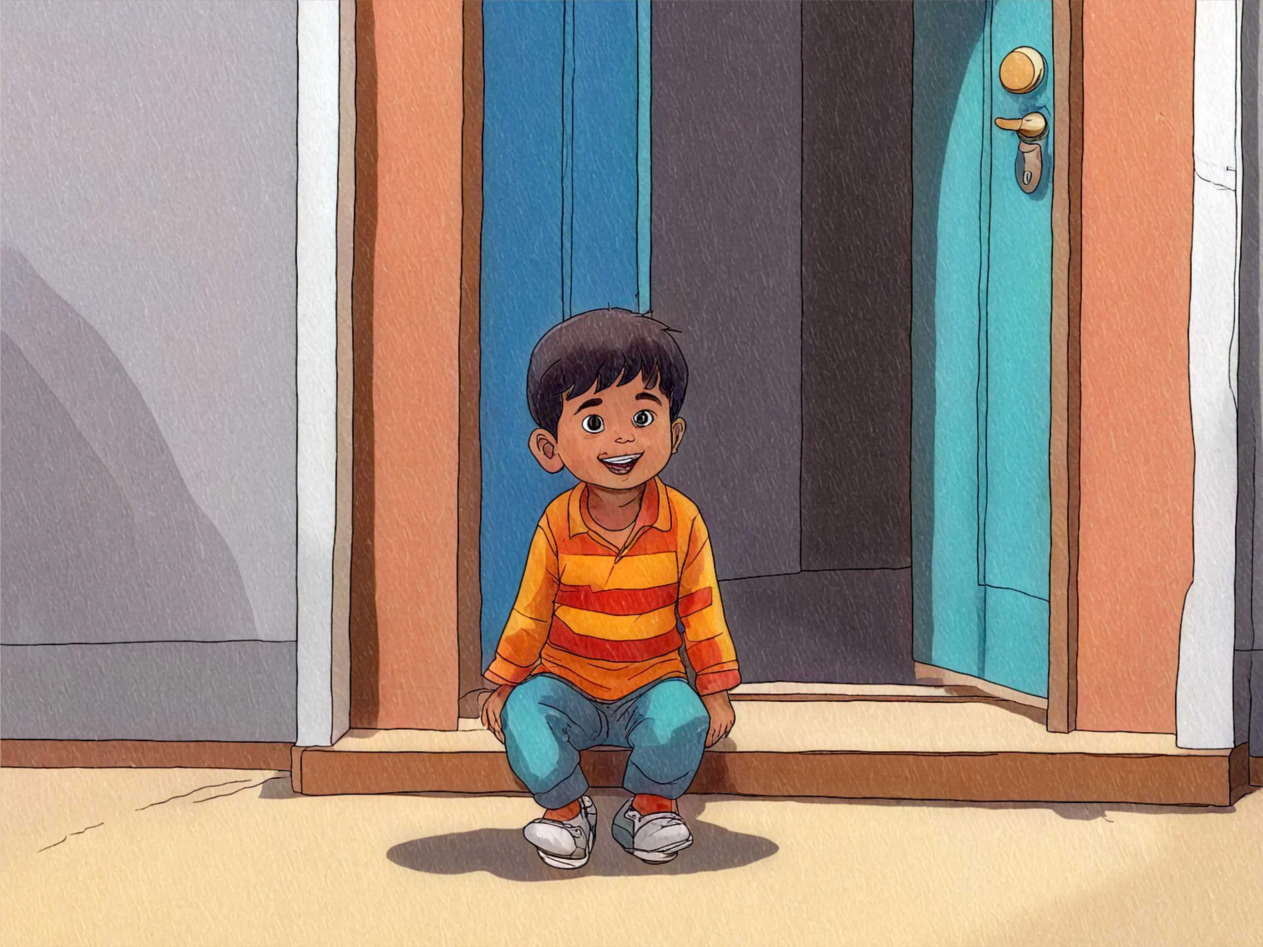 cartoon image of a kid sitting on the door