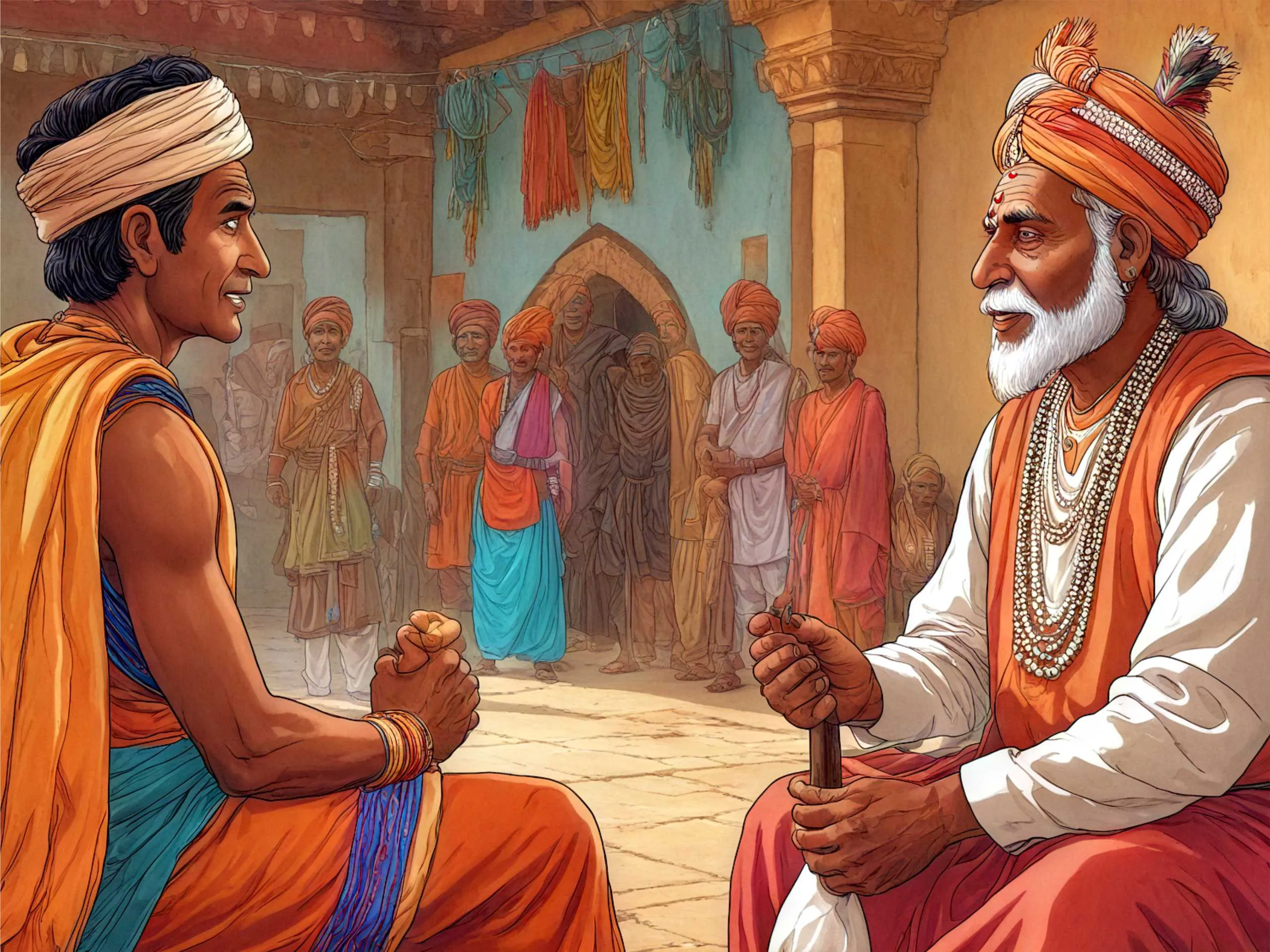 cartoon image of indian village man talking to king