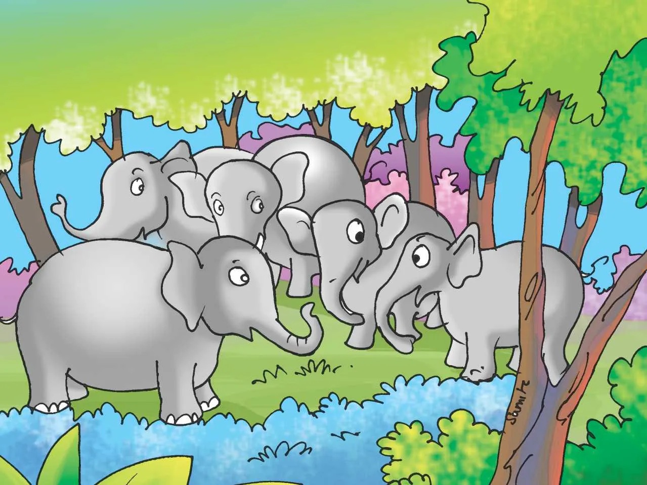 Elephants at river bank cartoon image