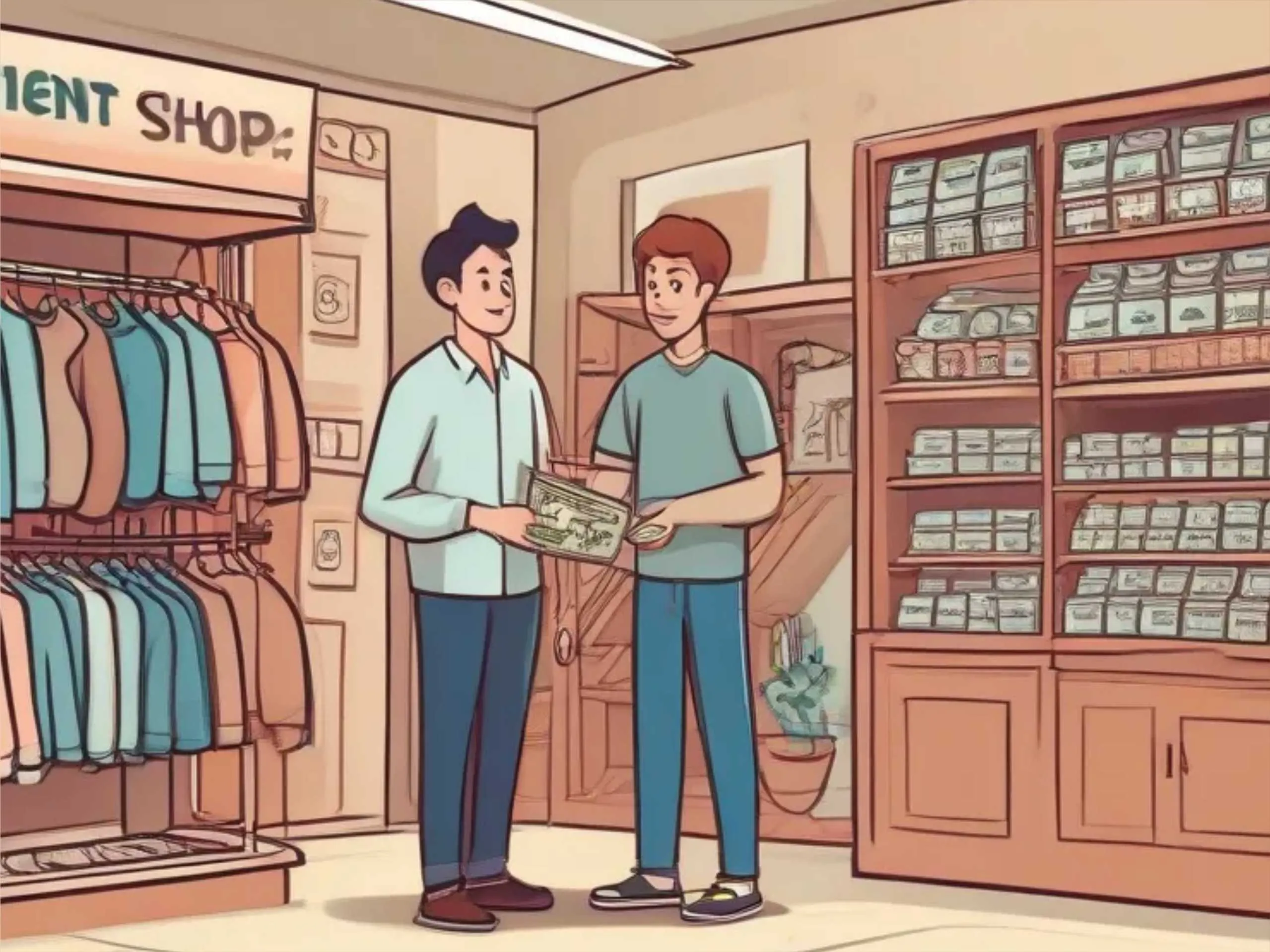 Father and son in garment shop cartoon image