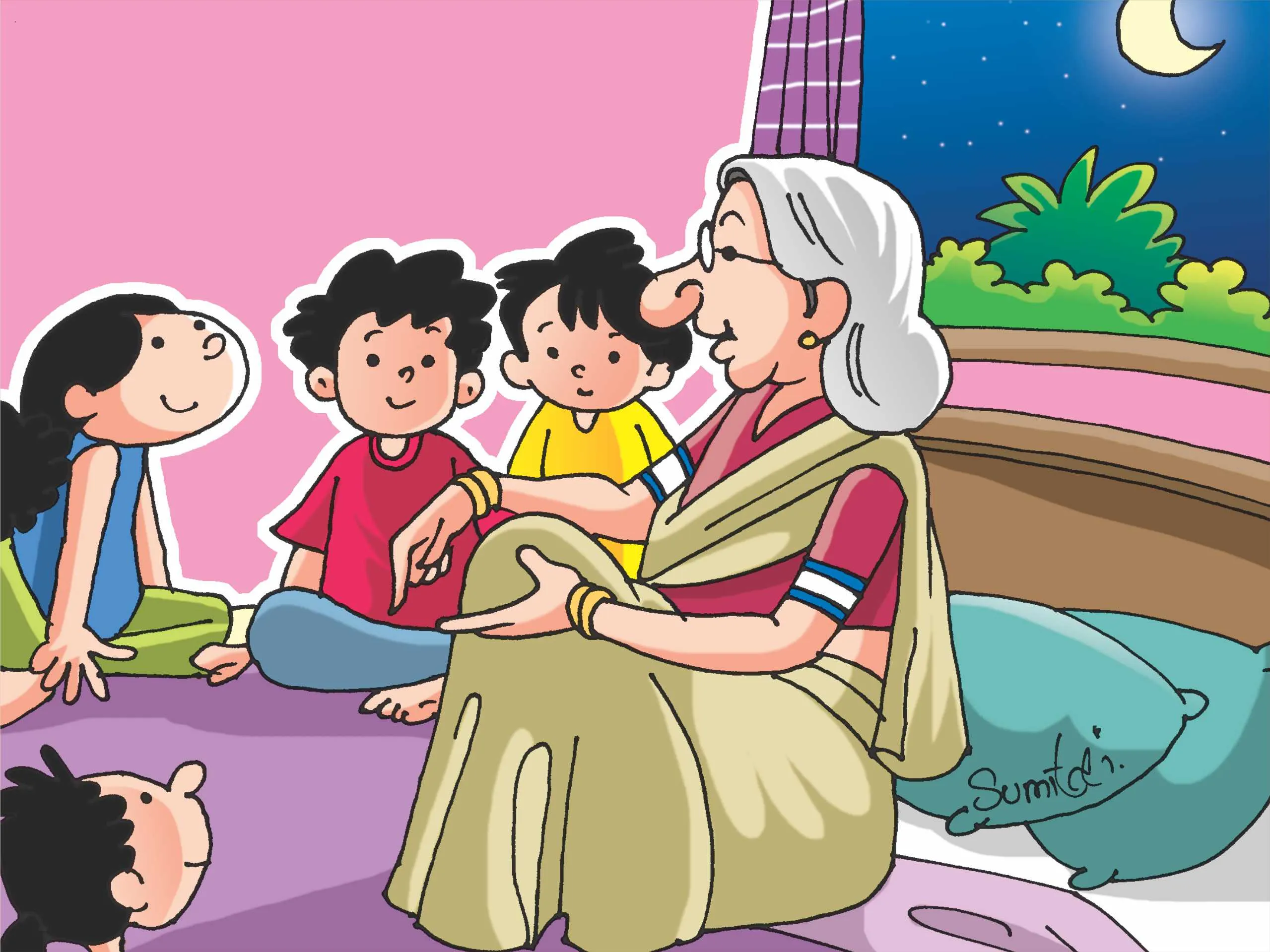 Grandmother telling story to kids in night cartoon image