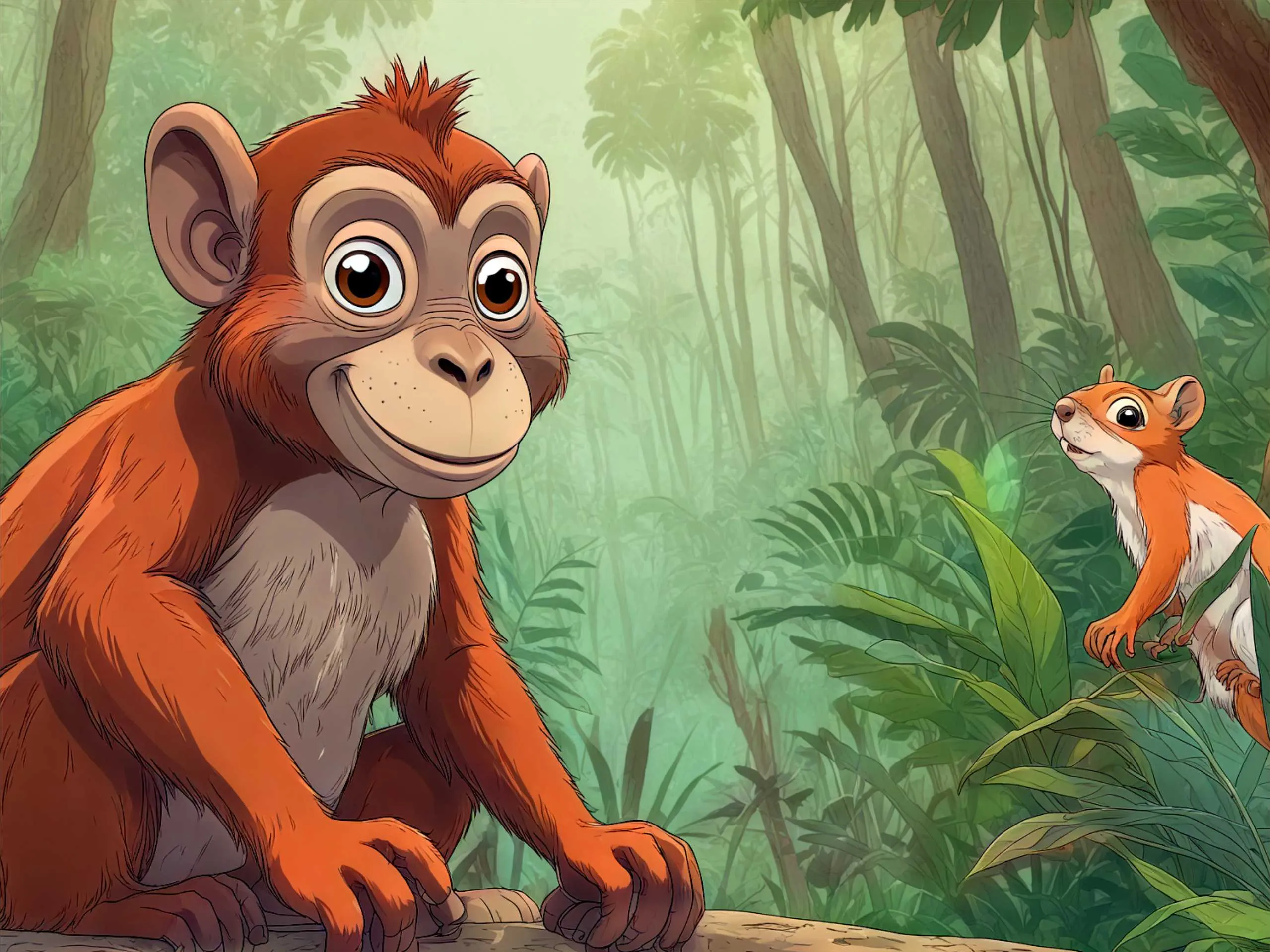 cartoon image of a monkey and squirrel in jungle