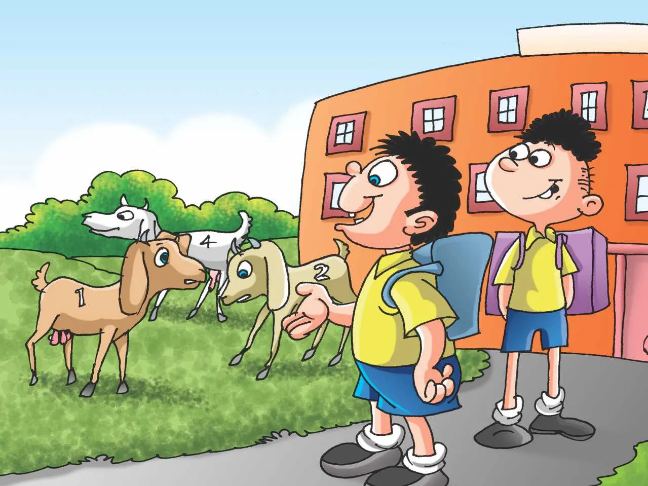 Two school boys and goats cartoon image