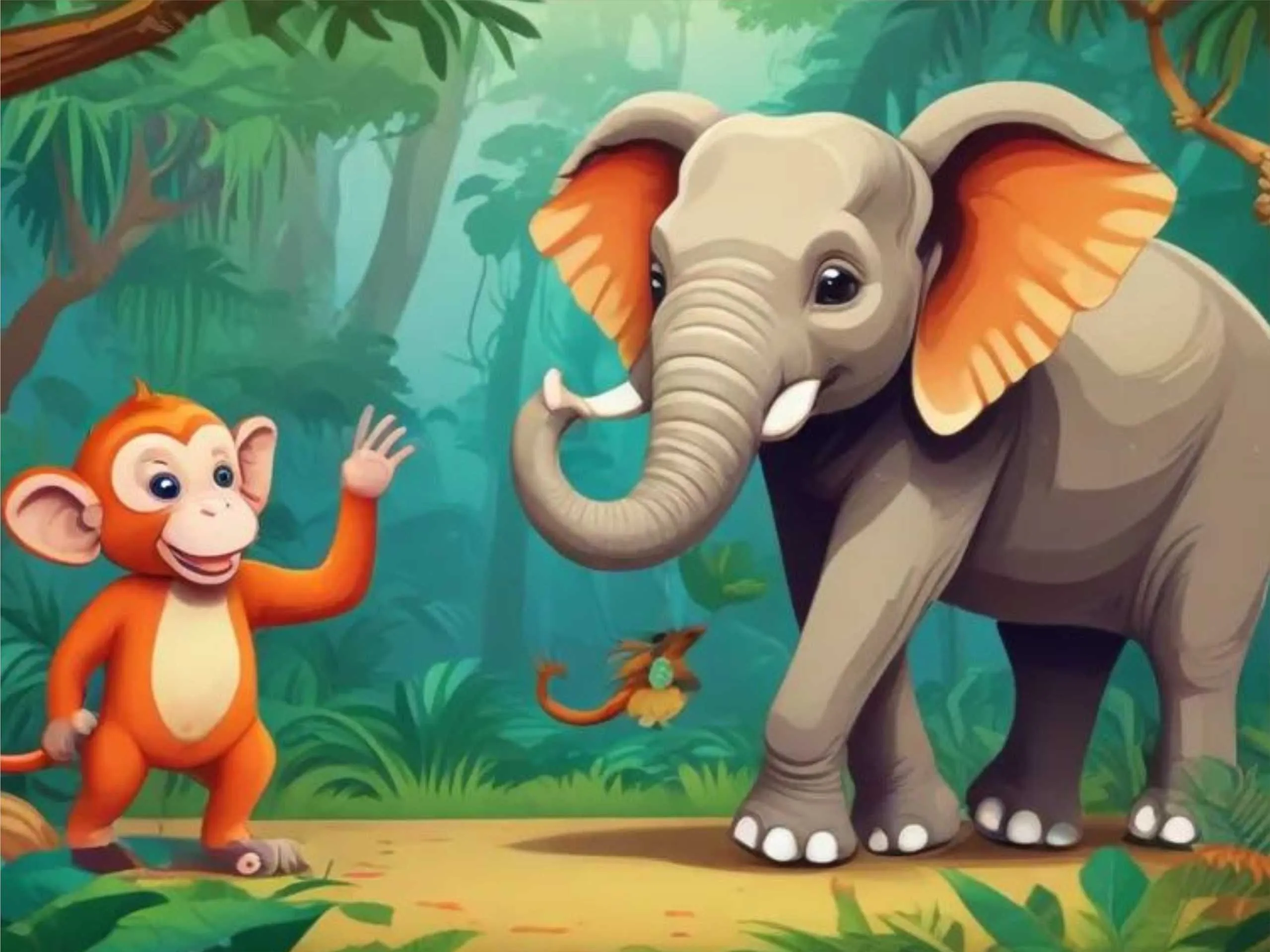 Cartoon image of an elephant and monkey