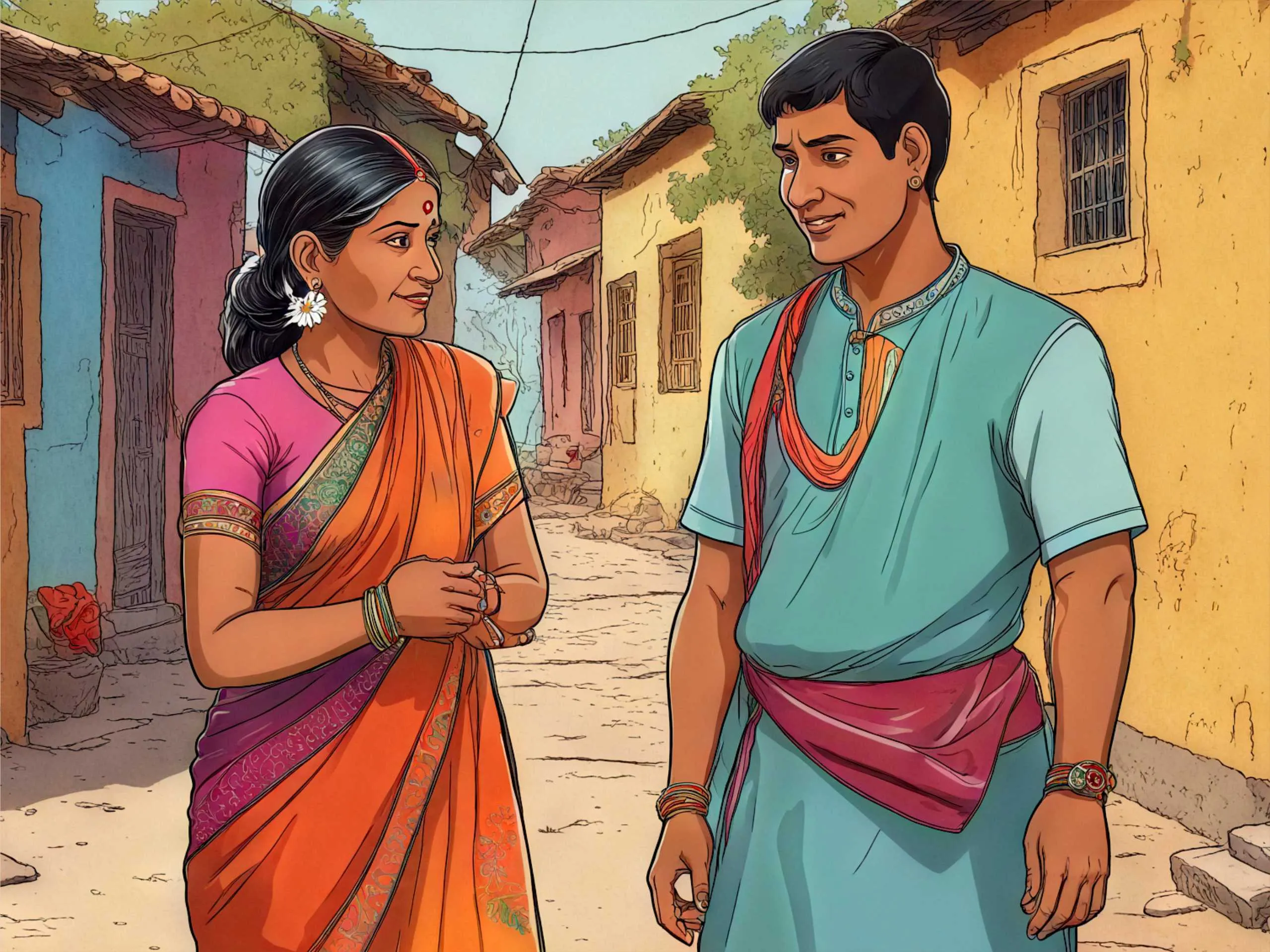 cartoon image of indian village women with her son