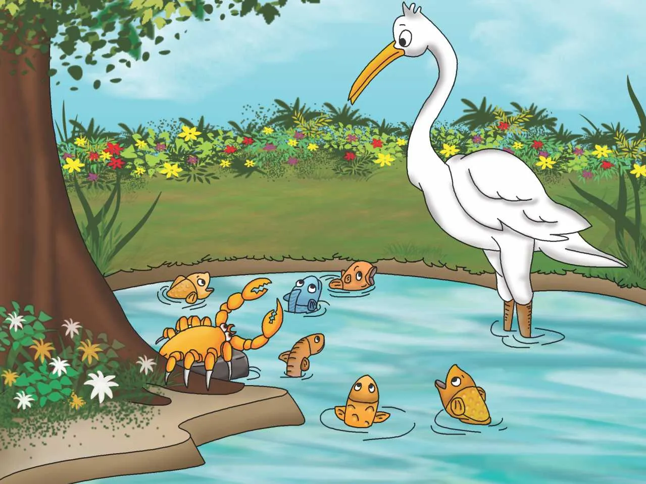 Crab, Fish and Crane in Pond cartoon image