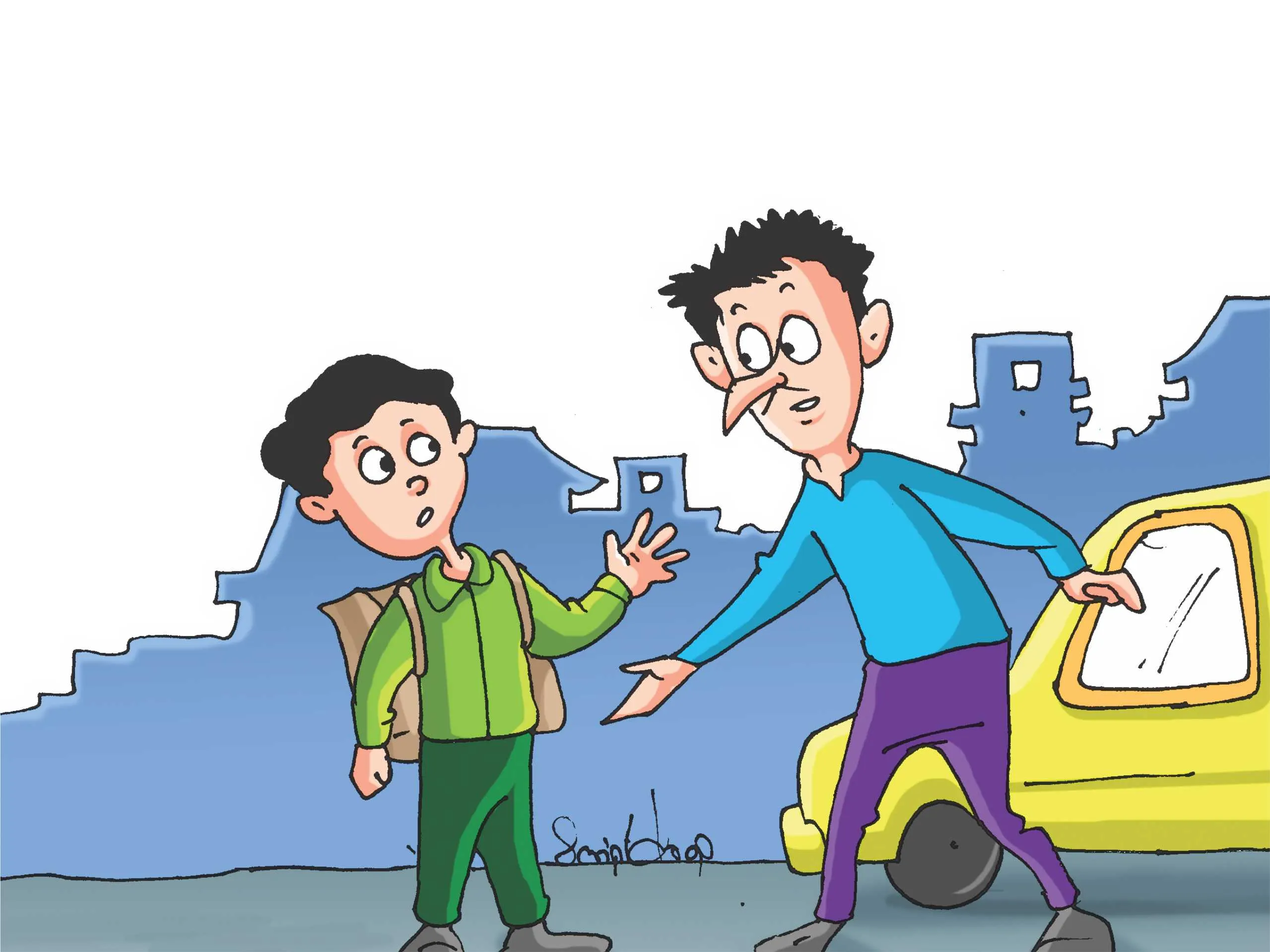 Man Talking To a School Boy Cartoon Image