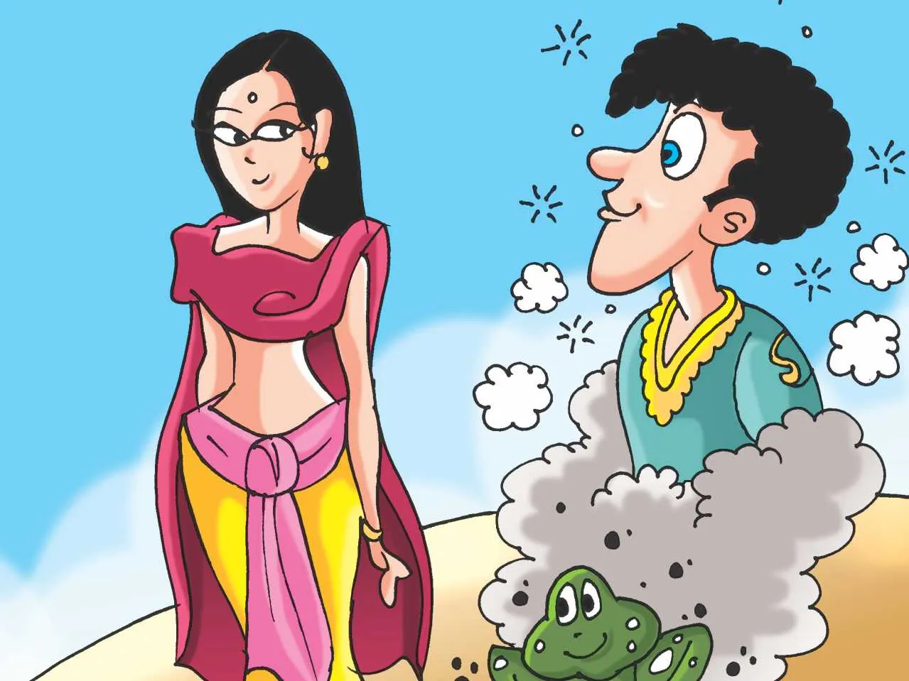 Girl Boy And frog Cartoon image