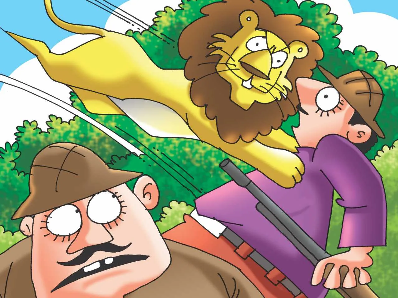 cartoon image of a lion cub and hunter in jungle