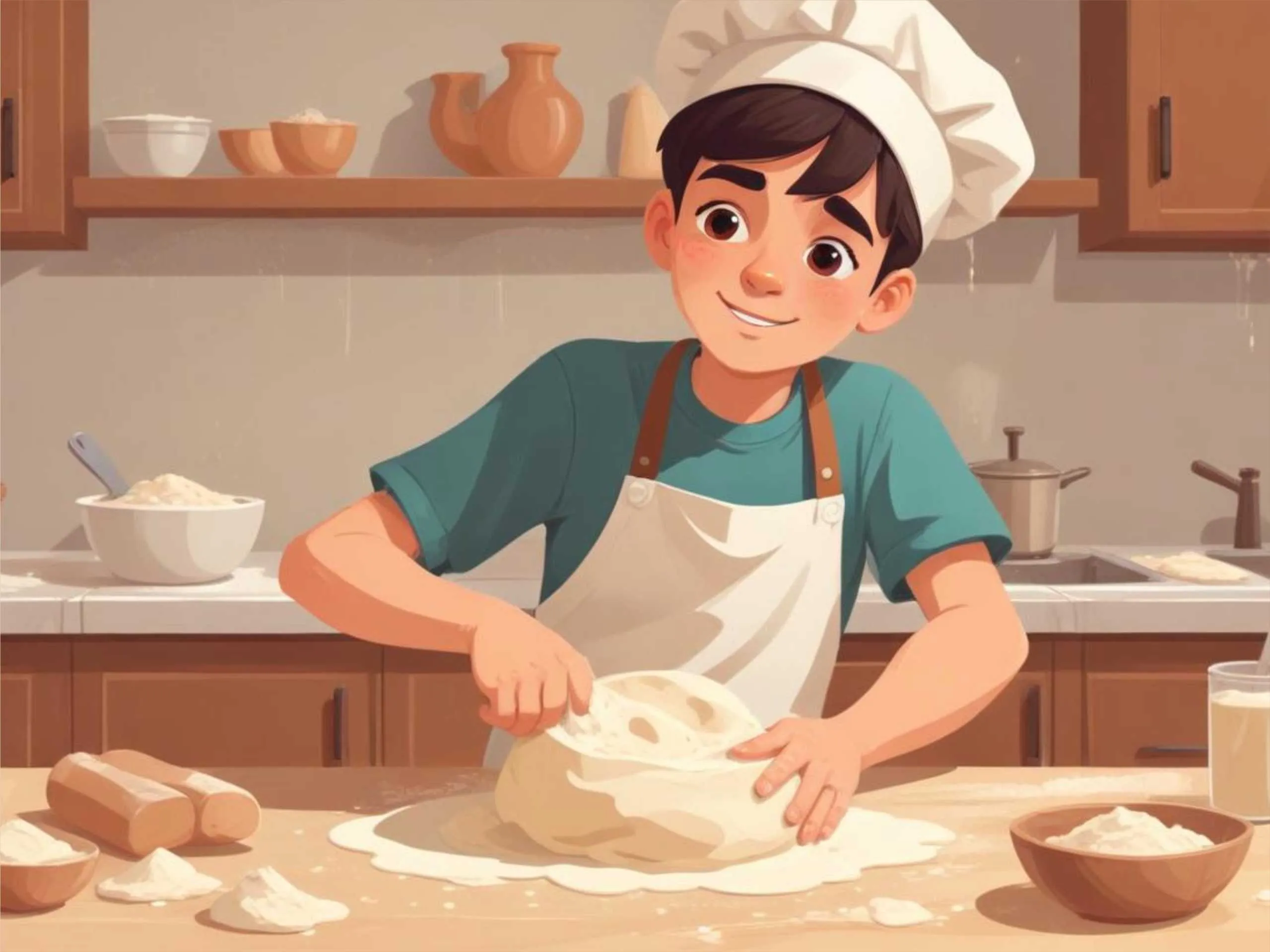 cartoon image of a boy kneading the flour