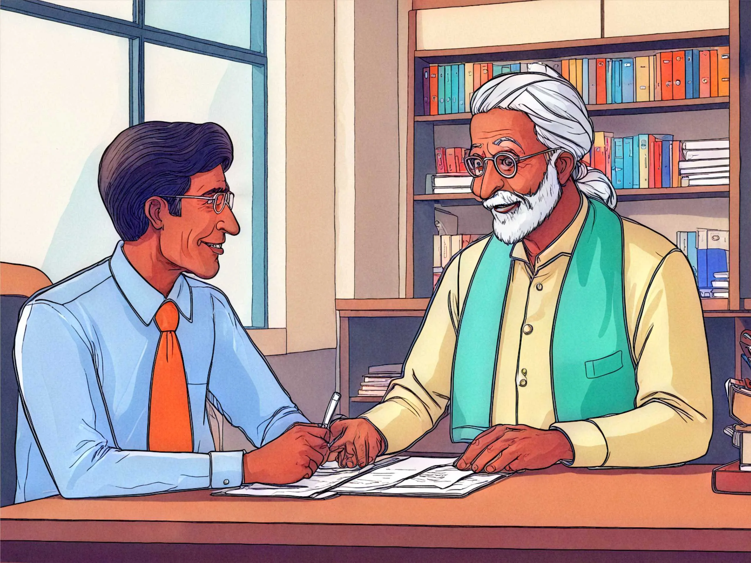 Cartoon image of an Indian man in office