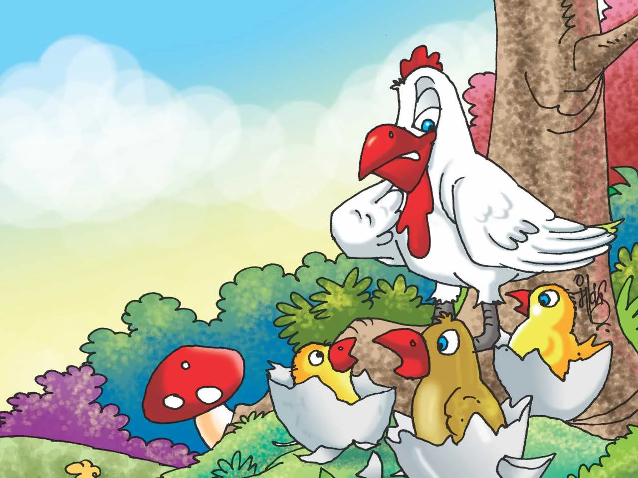 Hen and chicks cartoon image