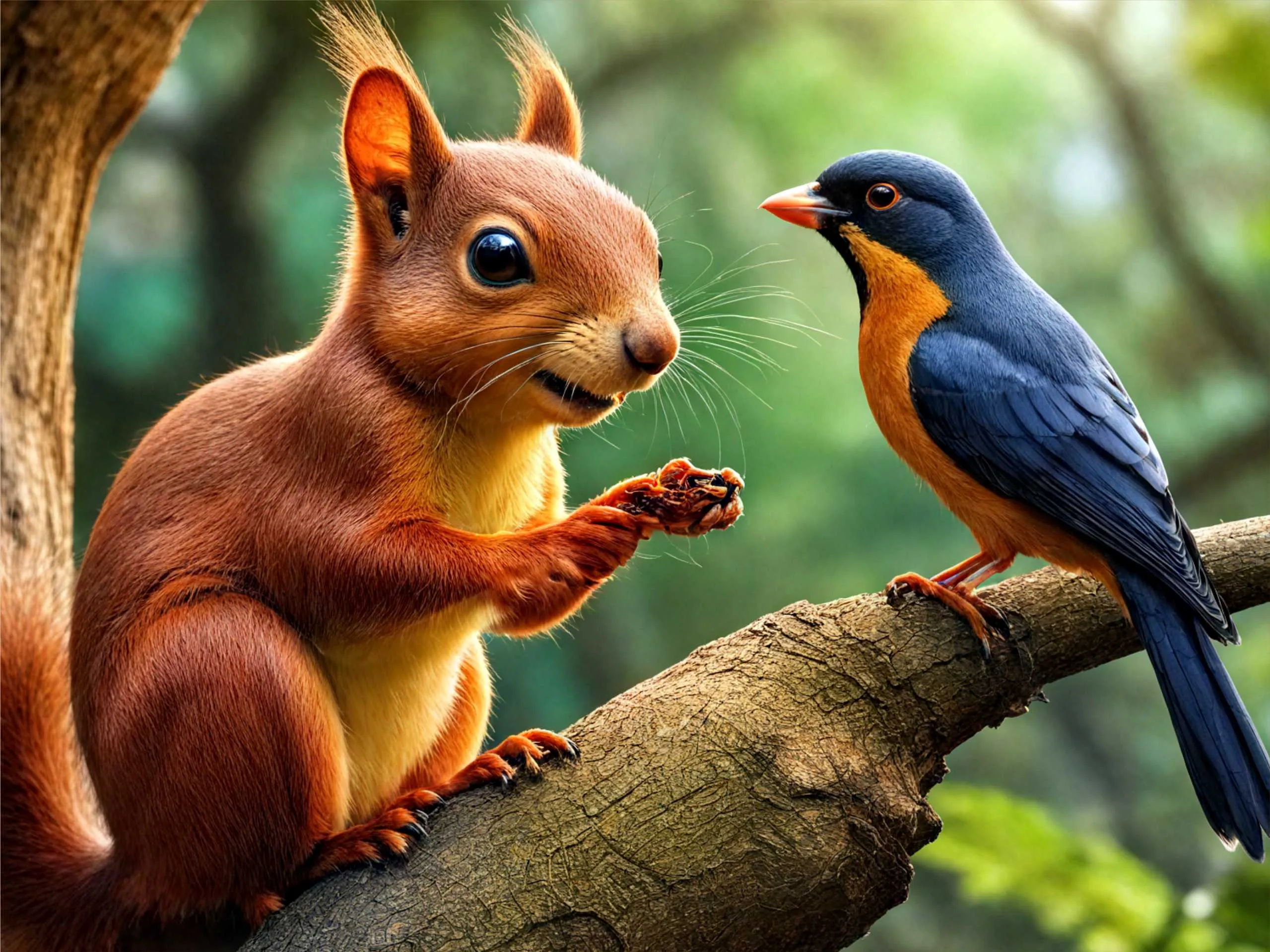 cartoon image of a squirrel in jungel talking to a bird