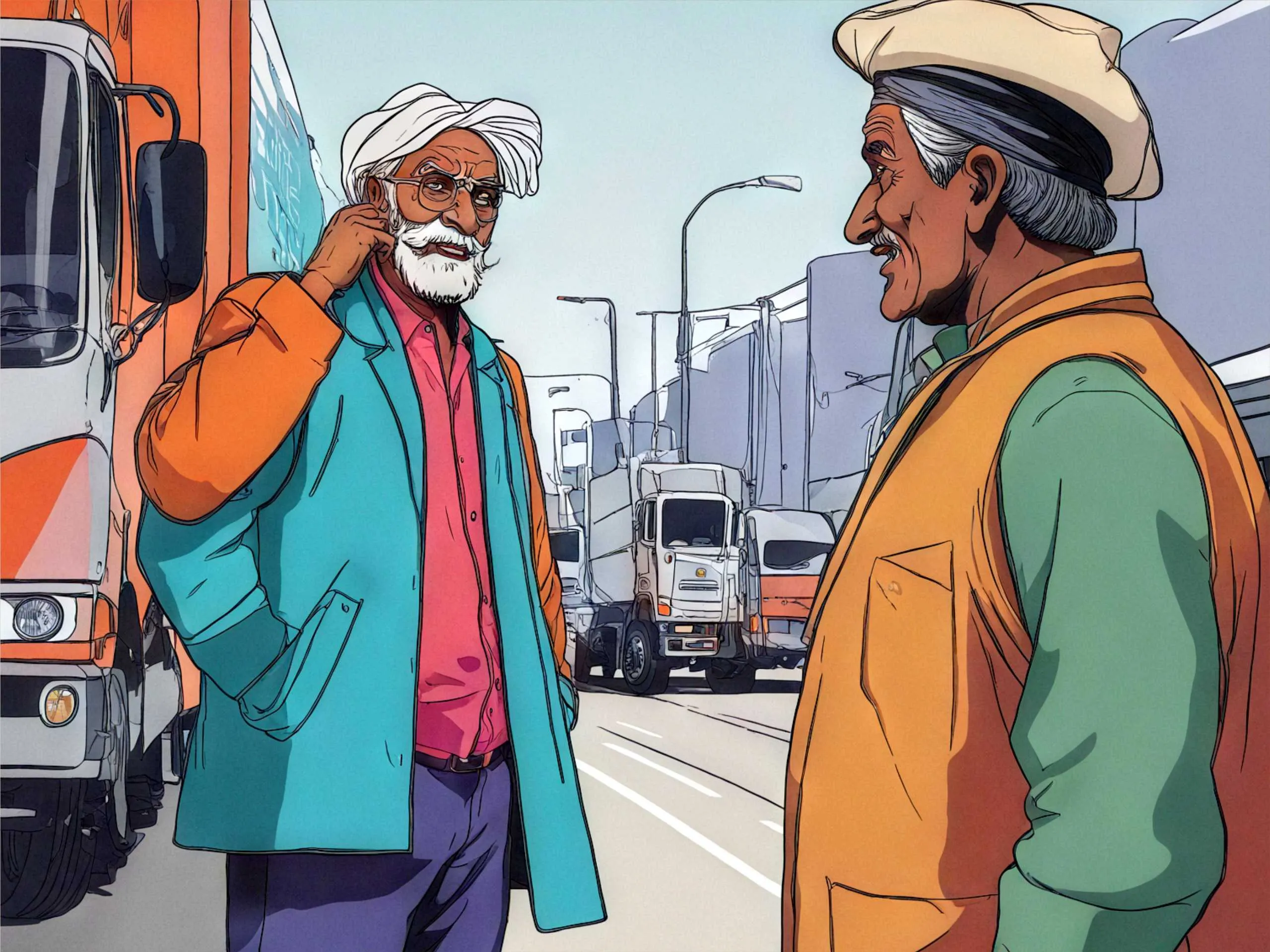 cartoon image of an Indian Man talking to truck driver