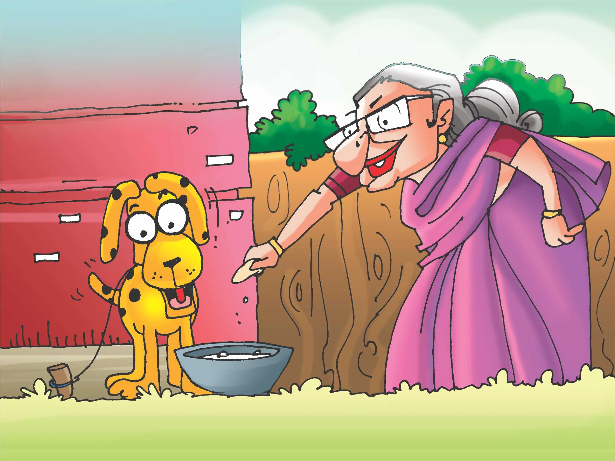 cartoon image of an old lady feeding a dog