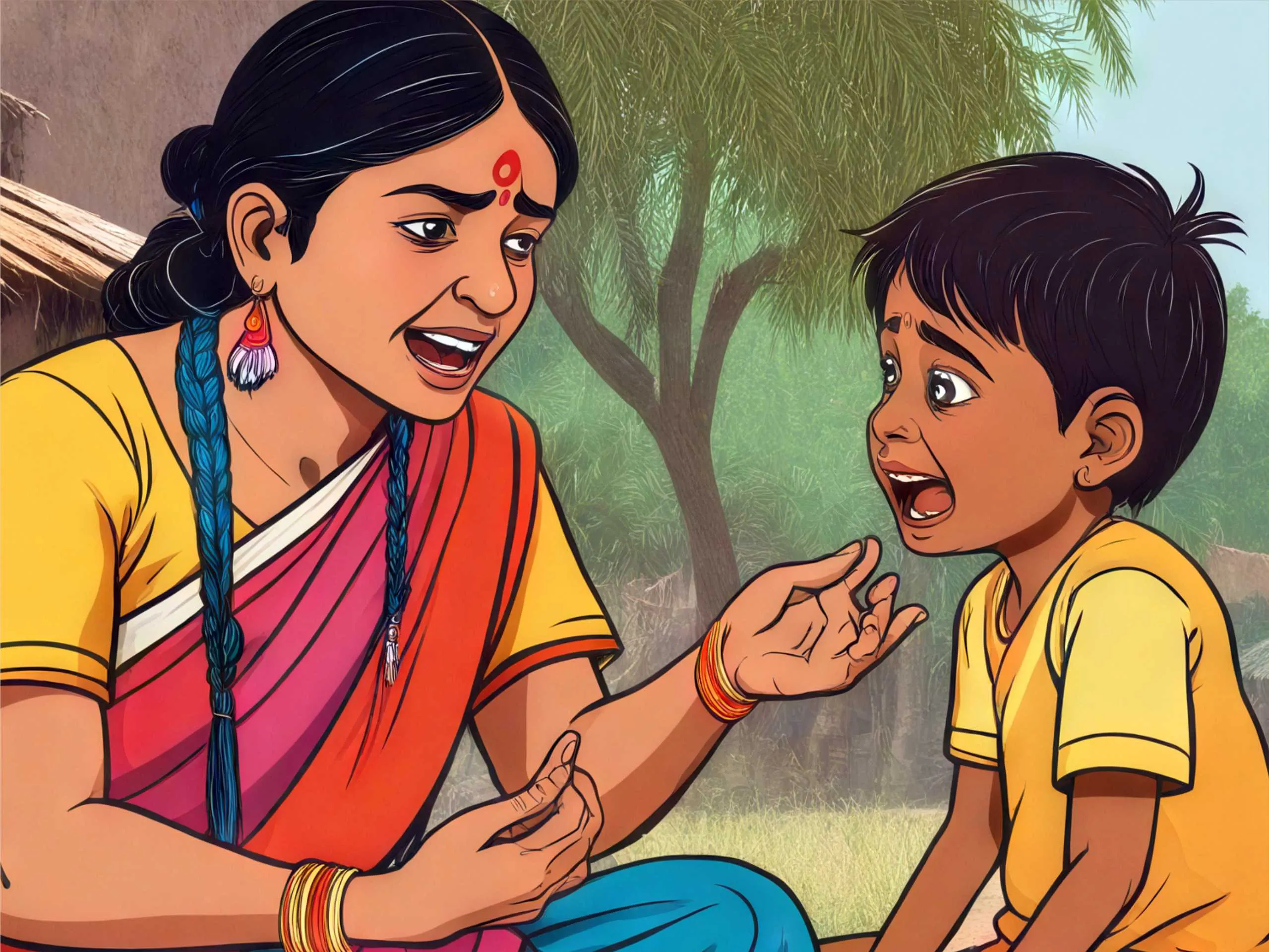 cartoon image of and Indian kid with his mother