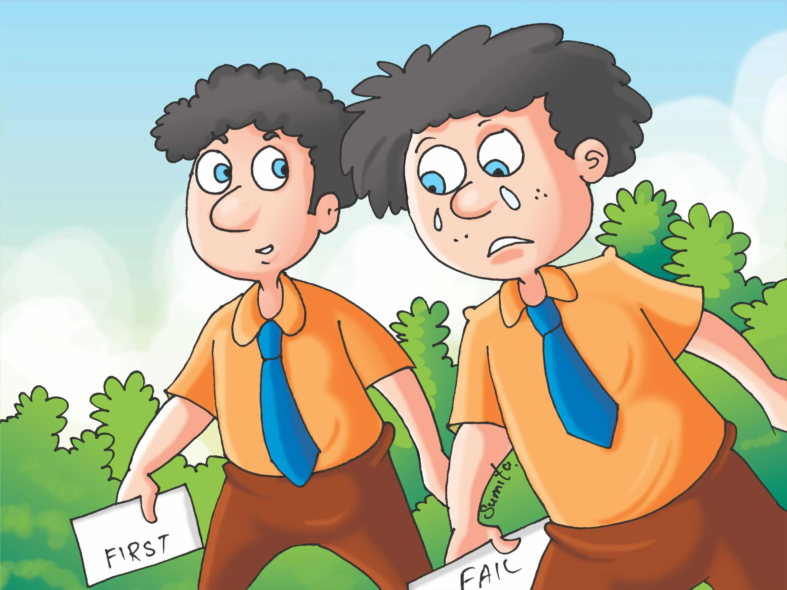 Two school boys with their results in hand cartoon image