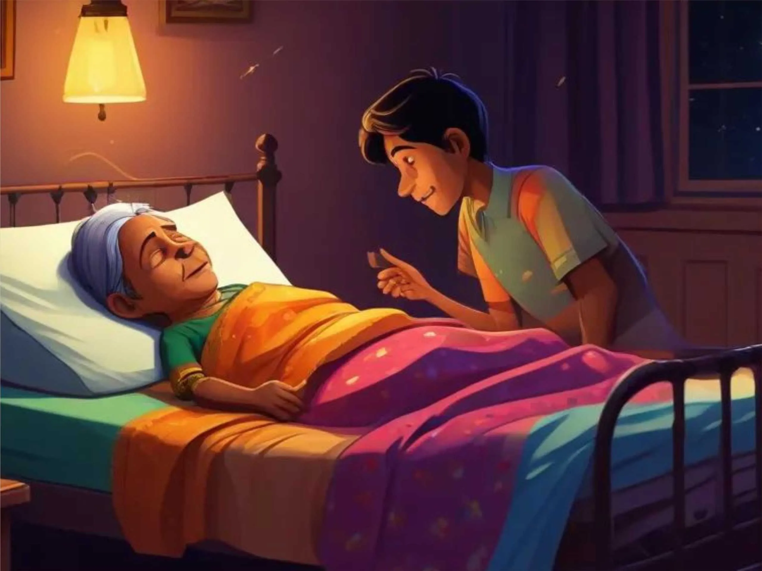 cartoon image of a boy talking ta an old lady