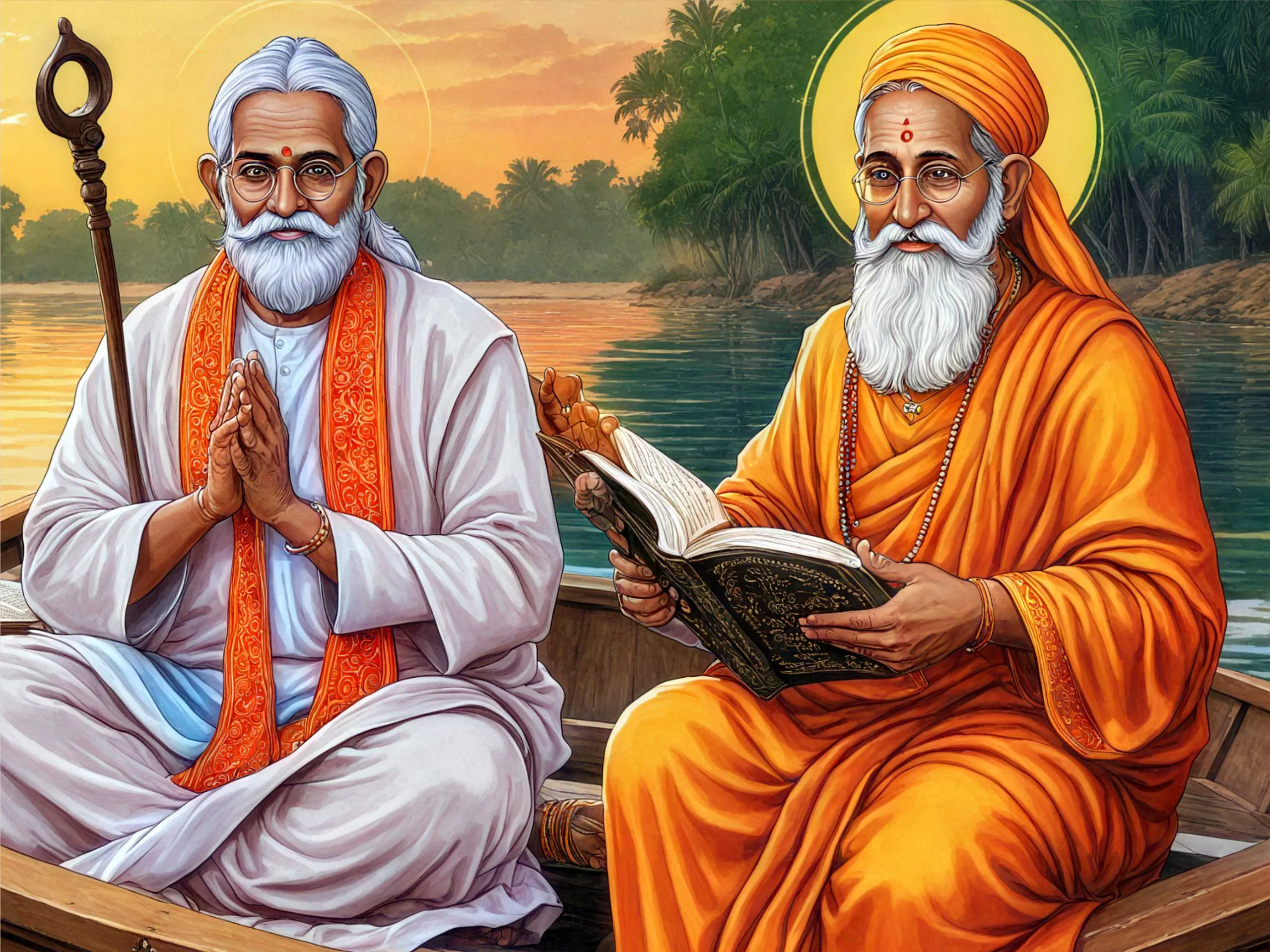 cartoon image of two indian saints on a boat