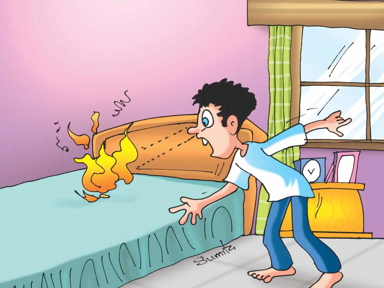 Boy's eye emitting fire cartoon image