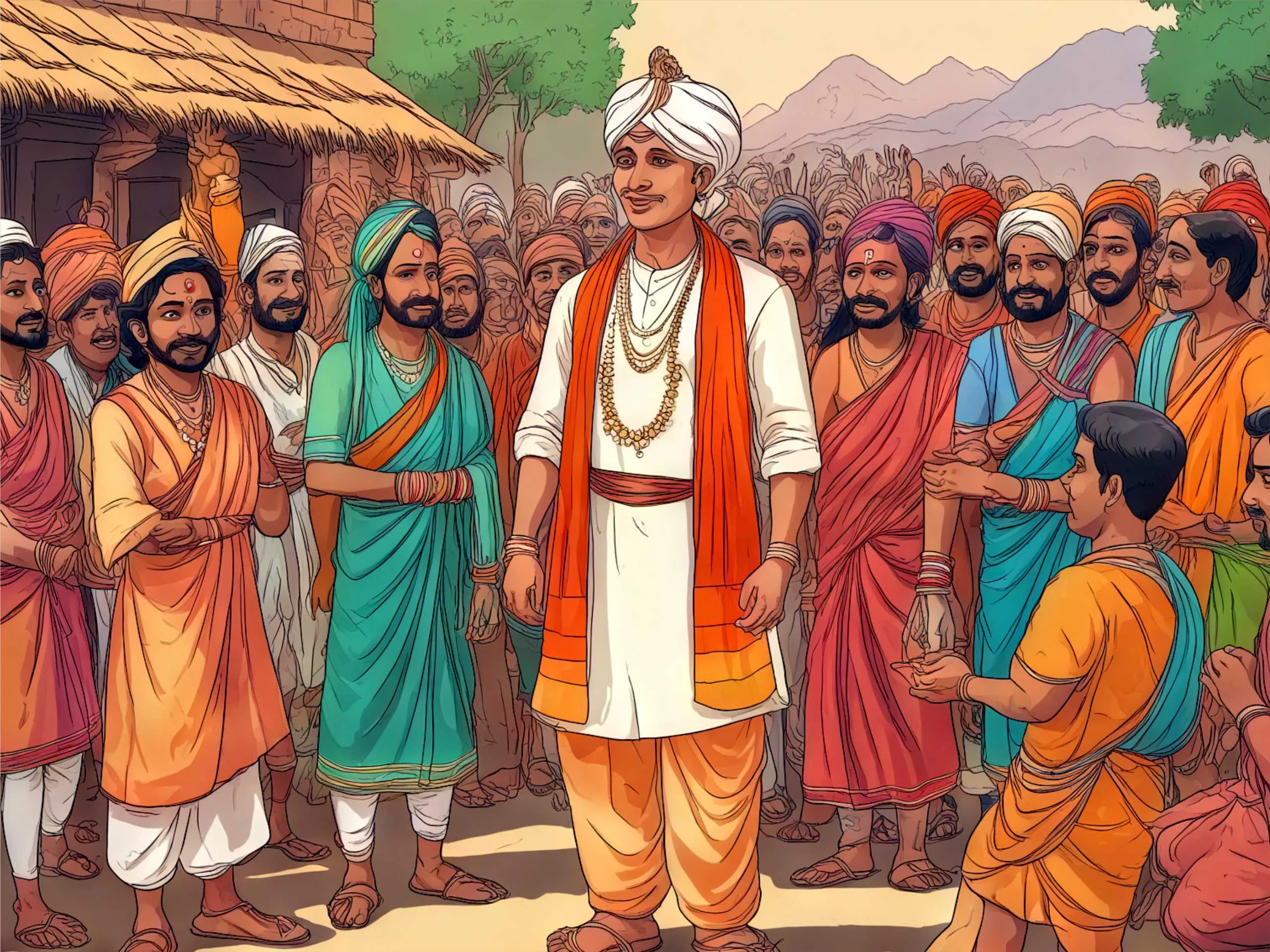 Cartoon image of a man with villagers