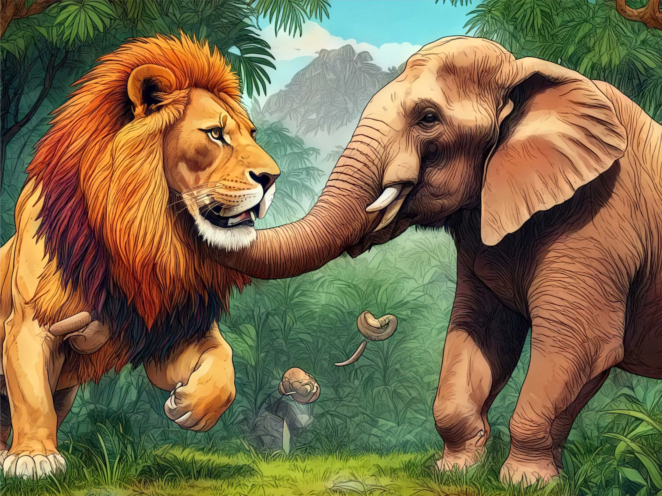 cartoon image of lion and elephant fighting