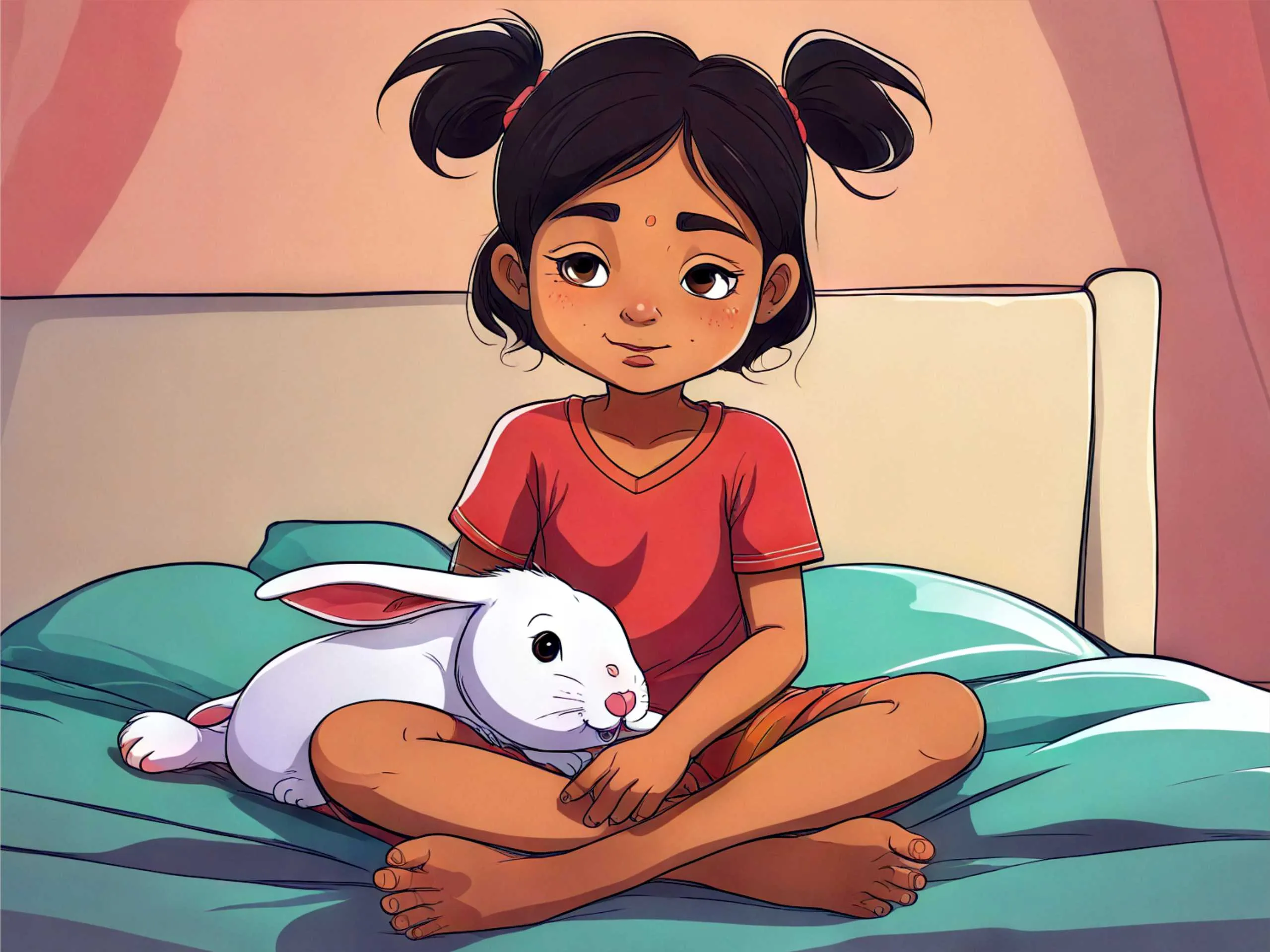 cartoon image of a girl kid with a rabbit 