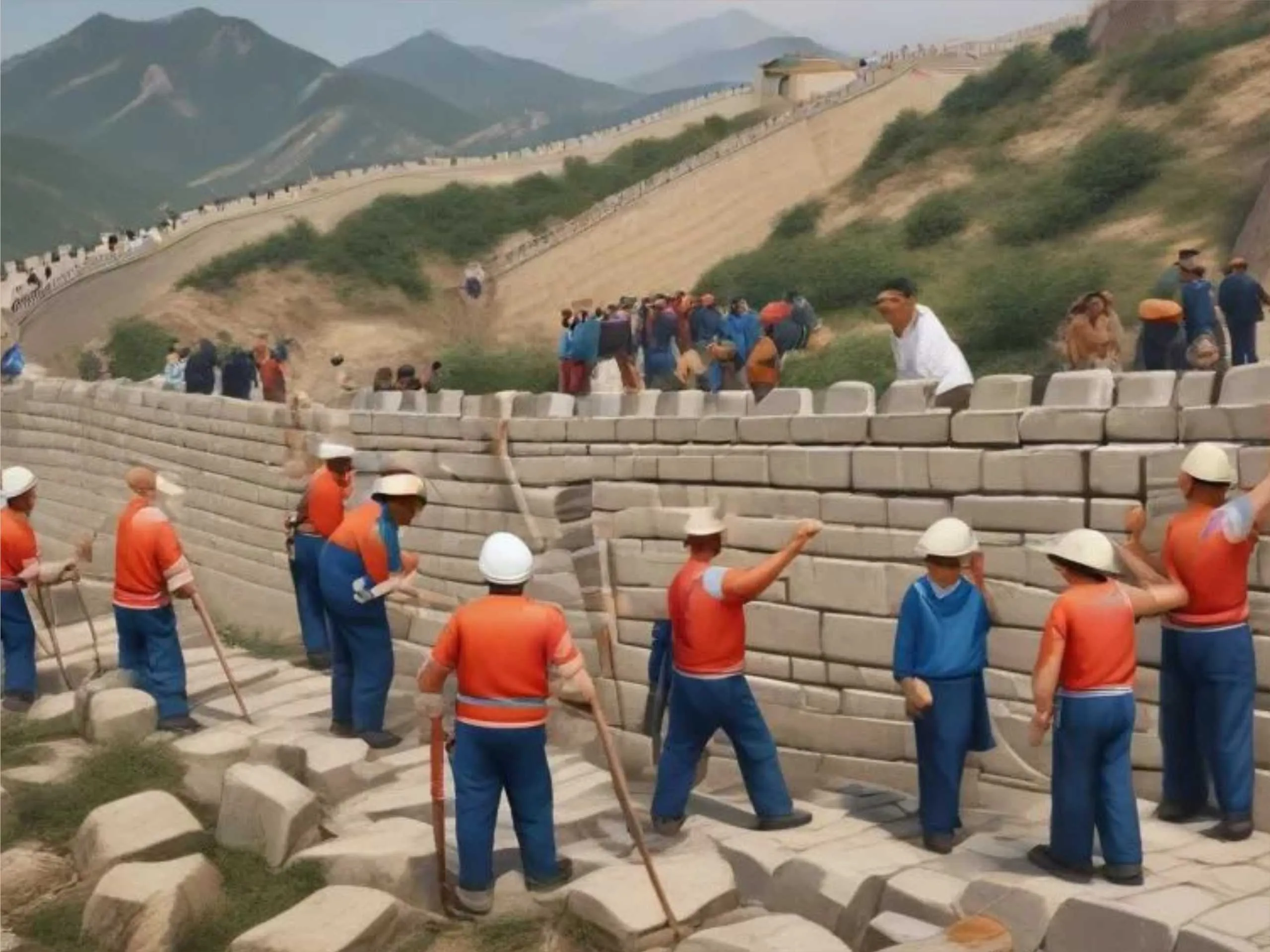 Chineese men constructing wall of china cartoon image