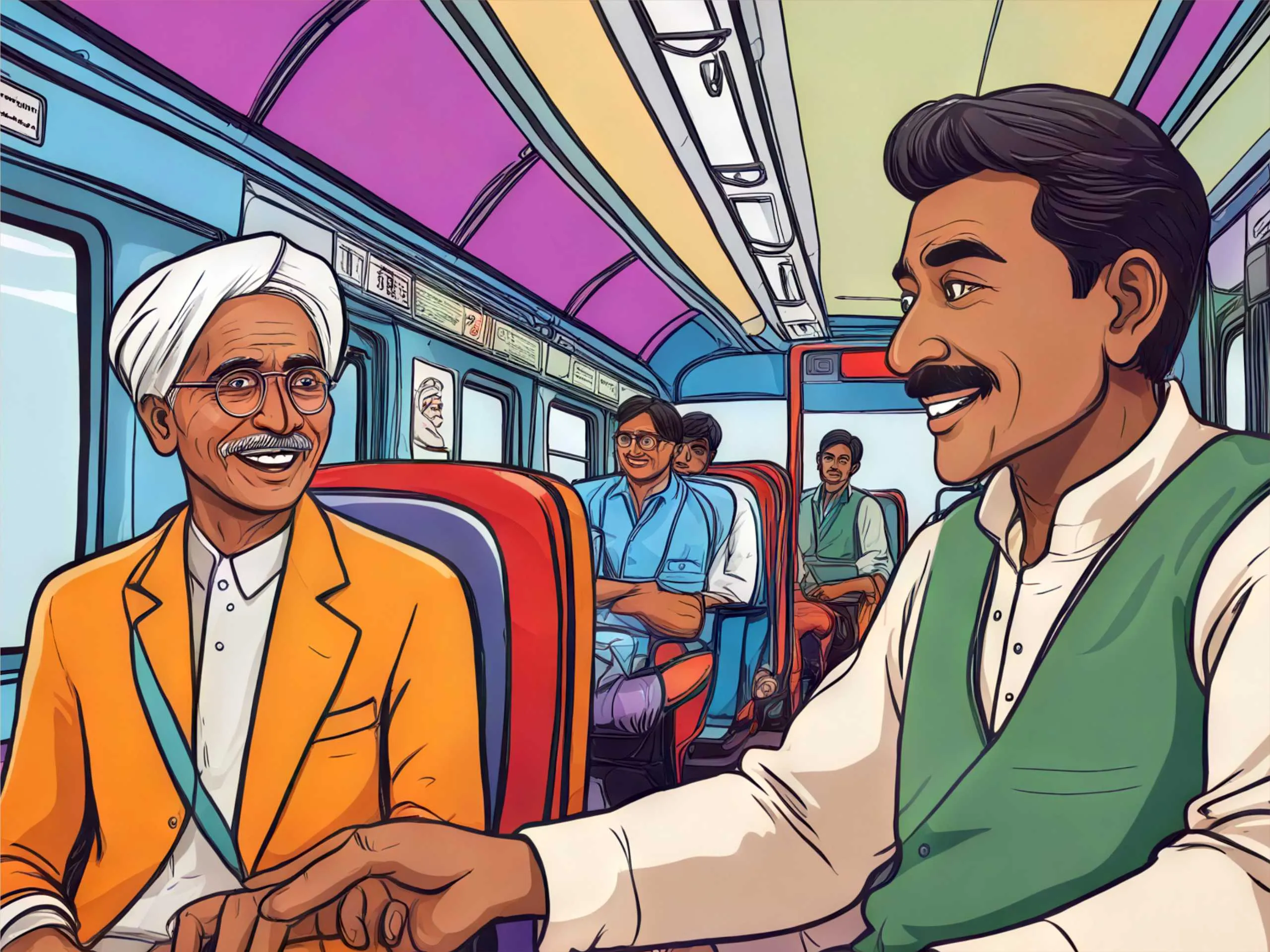 cartoon image of two men travelling in train