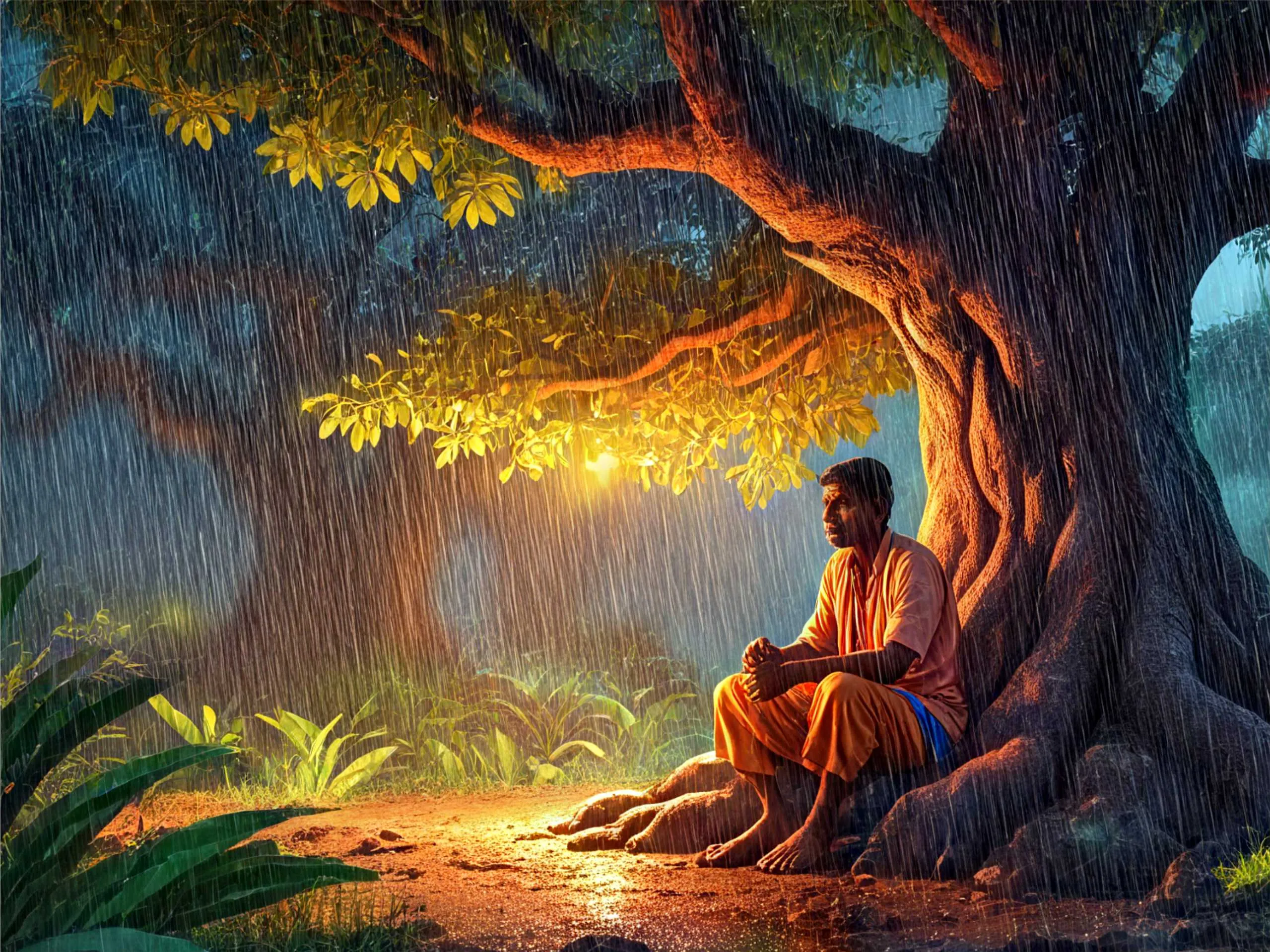 cartoon image of indian village man sitting under a tree 