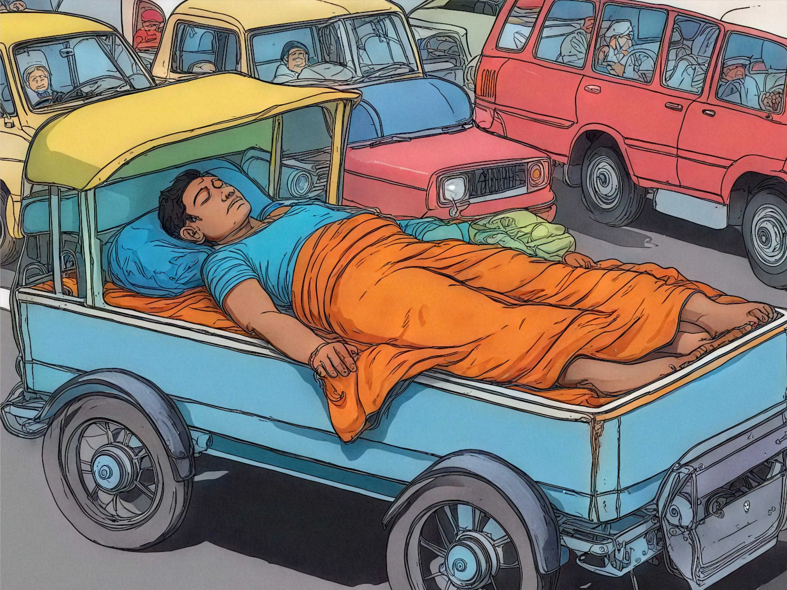 cartoon image of a man sleeping on a busy road