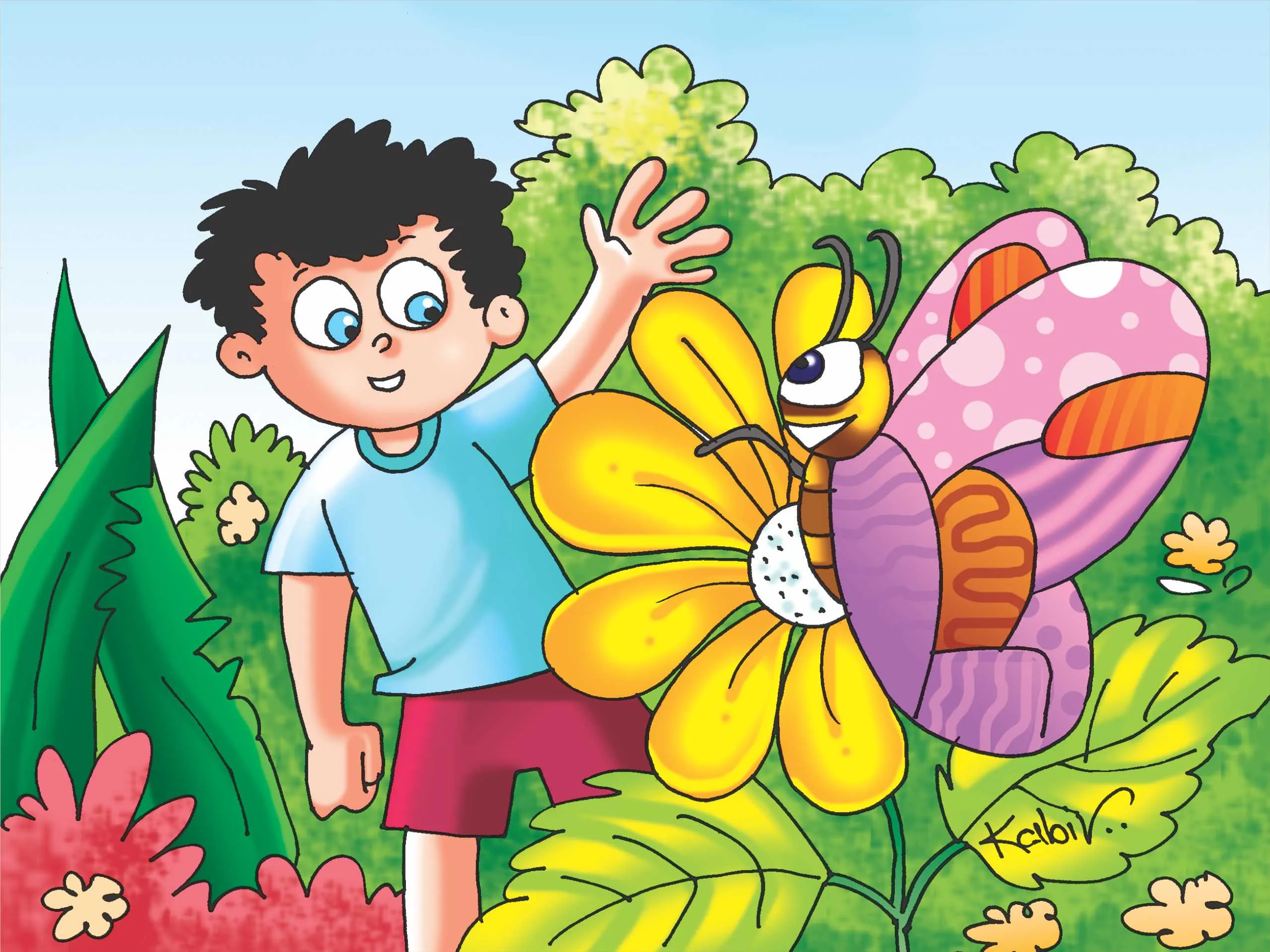 cartoon image of a kid in garden