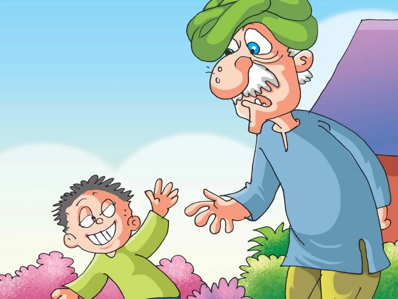 Old man with his grandson cartoon image