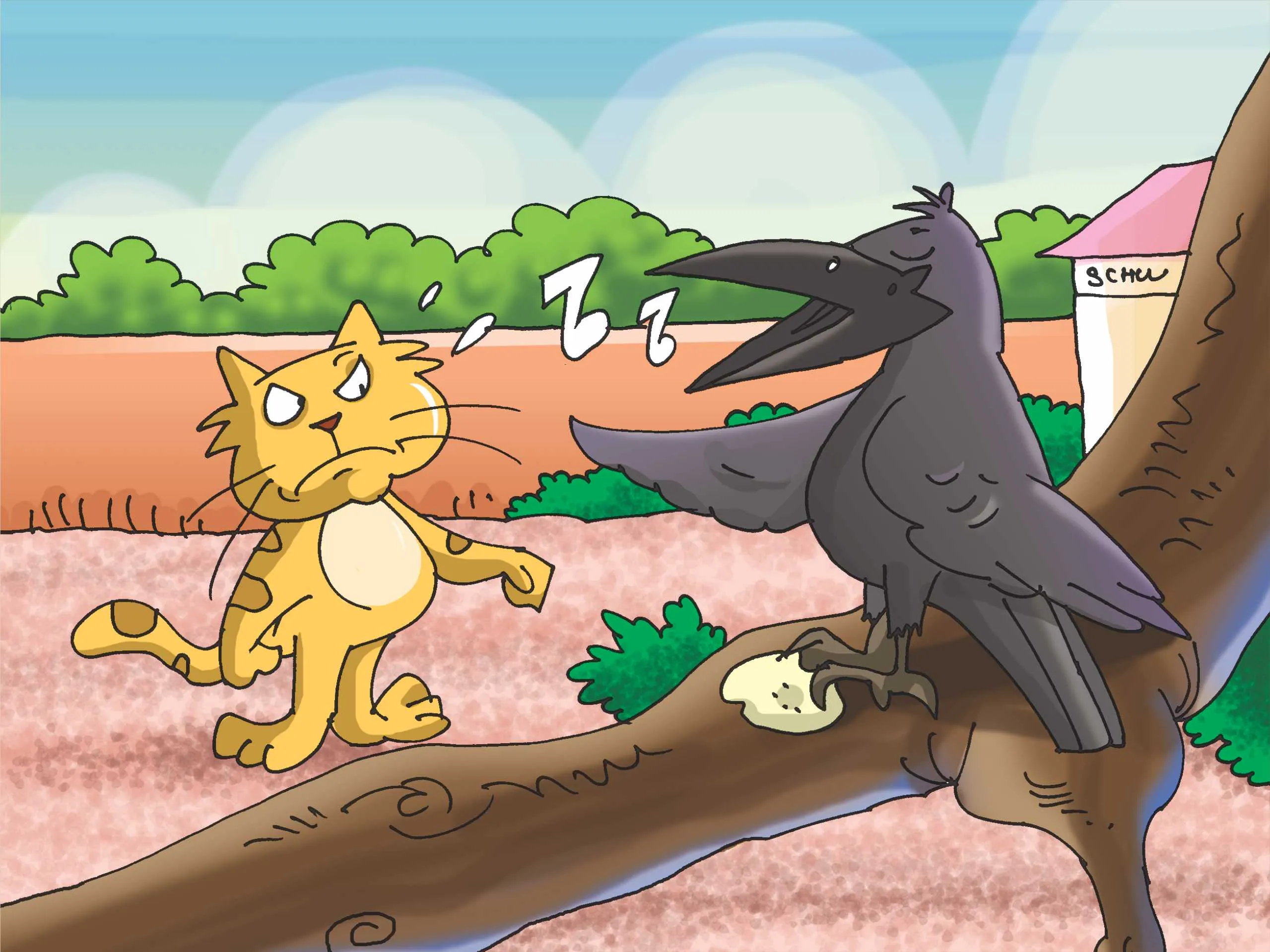 Cartoon image of a crow and cat